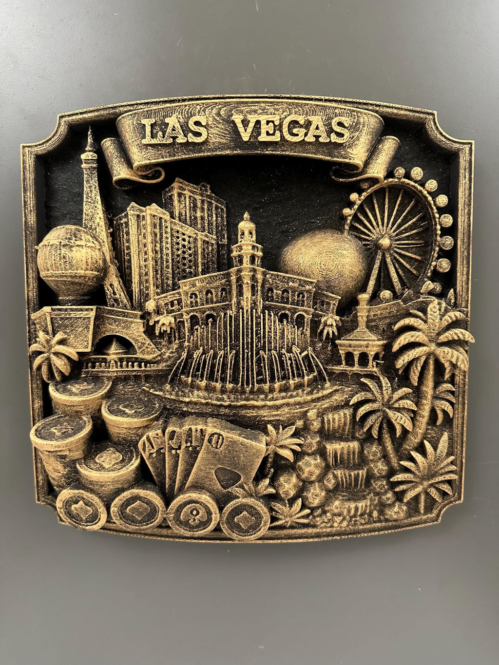 Las Vegas Wall Art Sculpture, Antique Gold Casino Decor, Poker Room Wall Plaque, Man Cave Bar Sign, Vegas Skyline Gift for Gamblers