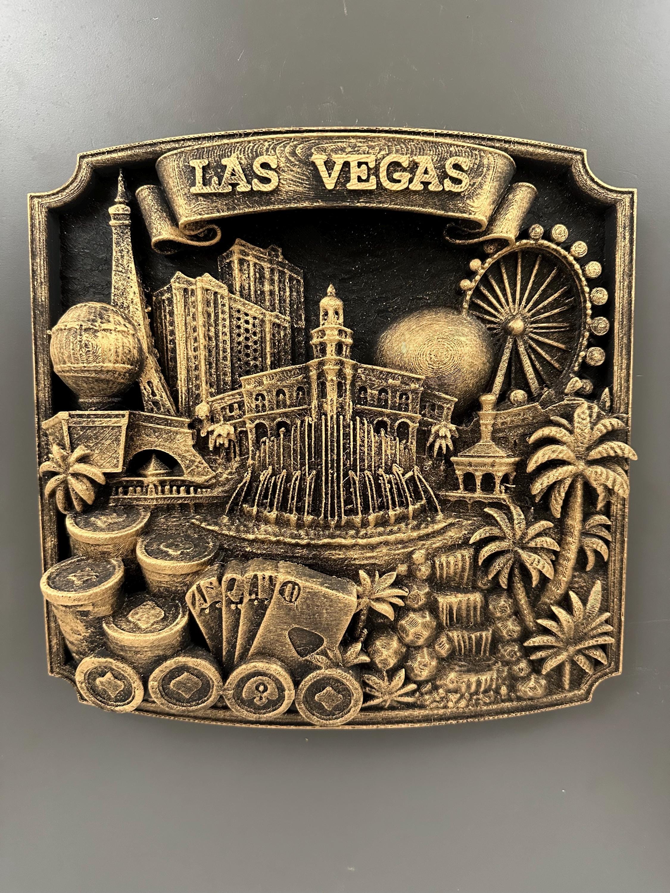 Las Vegas Wall Art Sculpture, Antique Gold Casino Decor, Poker Room Wall Plaque, Man Cave Bar Sign, Vegas Skyline Gift for Gamblers