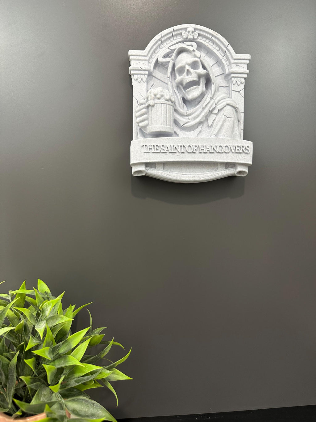 Saint of Hangovers Wall Plaque - Gothic Bathroom Decor - Funny Skull Bar Art - Medieval Tavern Wall Sculpture - Man Cave Gift 9x7x2”