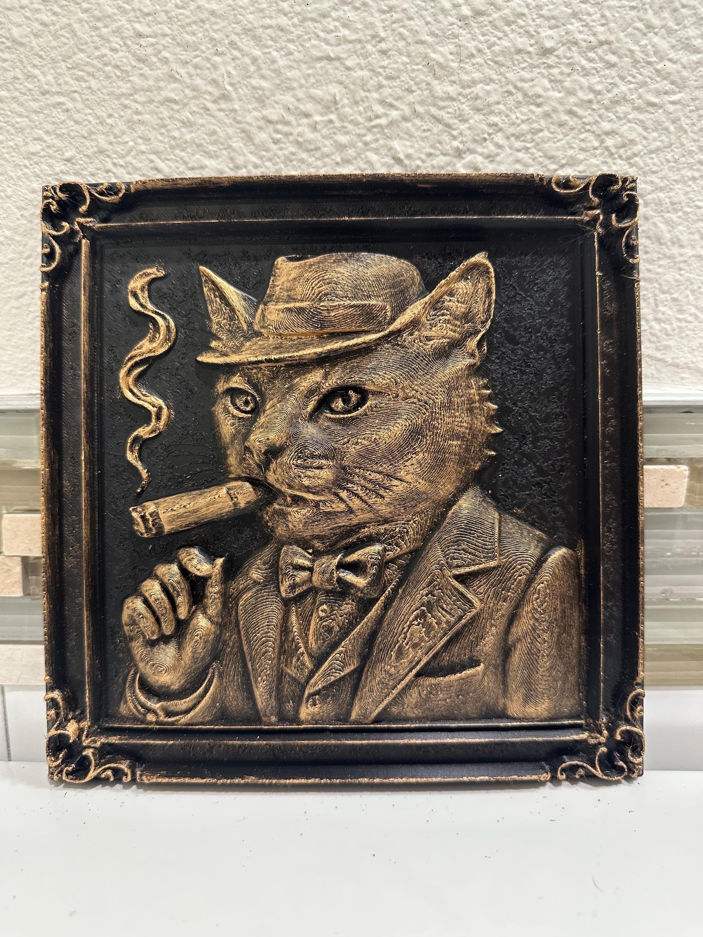 Hand Painted 3D Business Cat Smoking Cigar Wall Art Plaque 10” x 6” - Home Decor - Whimsical - Funny - Humorous - Vintage Style - Quirky