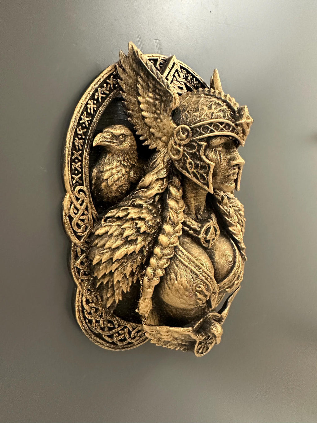Valkyrie Wall Sculpture - Norse Goddess Freya Plaque - Viking Raven Wall Art - Antique Bronze Pagan Decor - Valknut Odin Mythology Gift