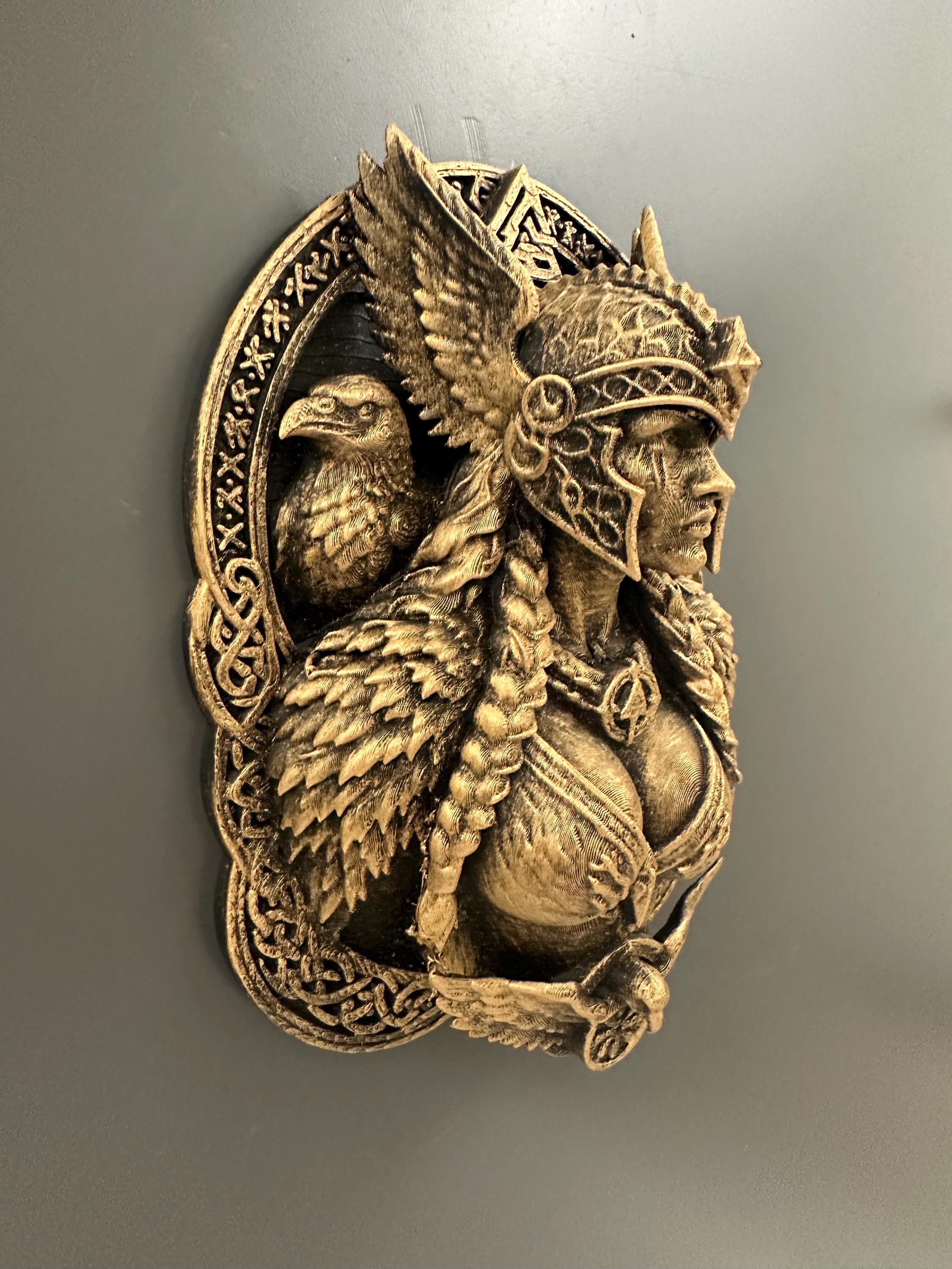 Valkyrie Wall Sculpture - Norse Goddess Freya Plaque - Viking Raven Wall Art - Antique Bronze Pagan Decor - Valknut Odin Mythology Gift