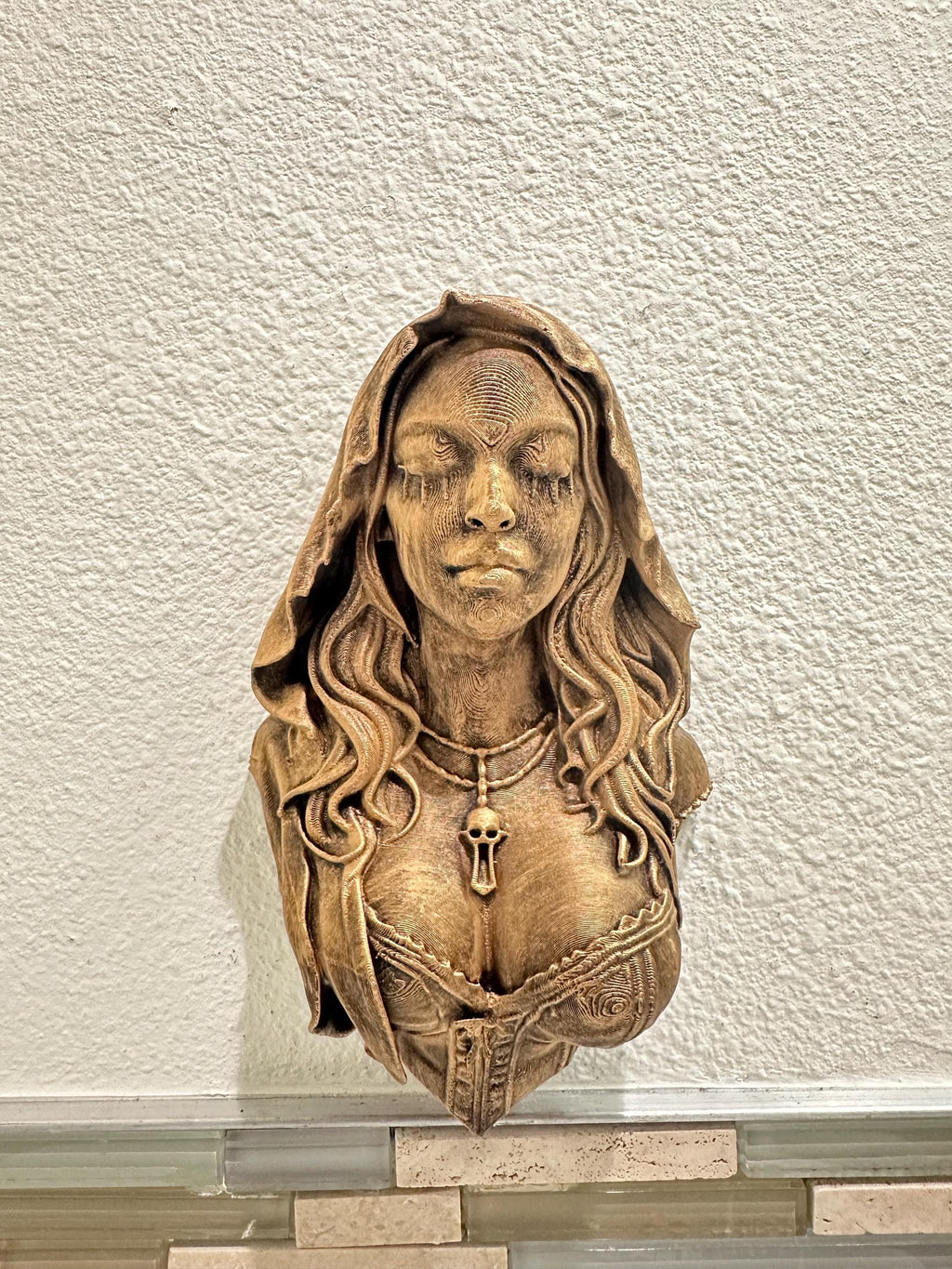 Gothic Hooded Woman with Eyes Sewn Shut Wall Sculpture