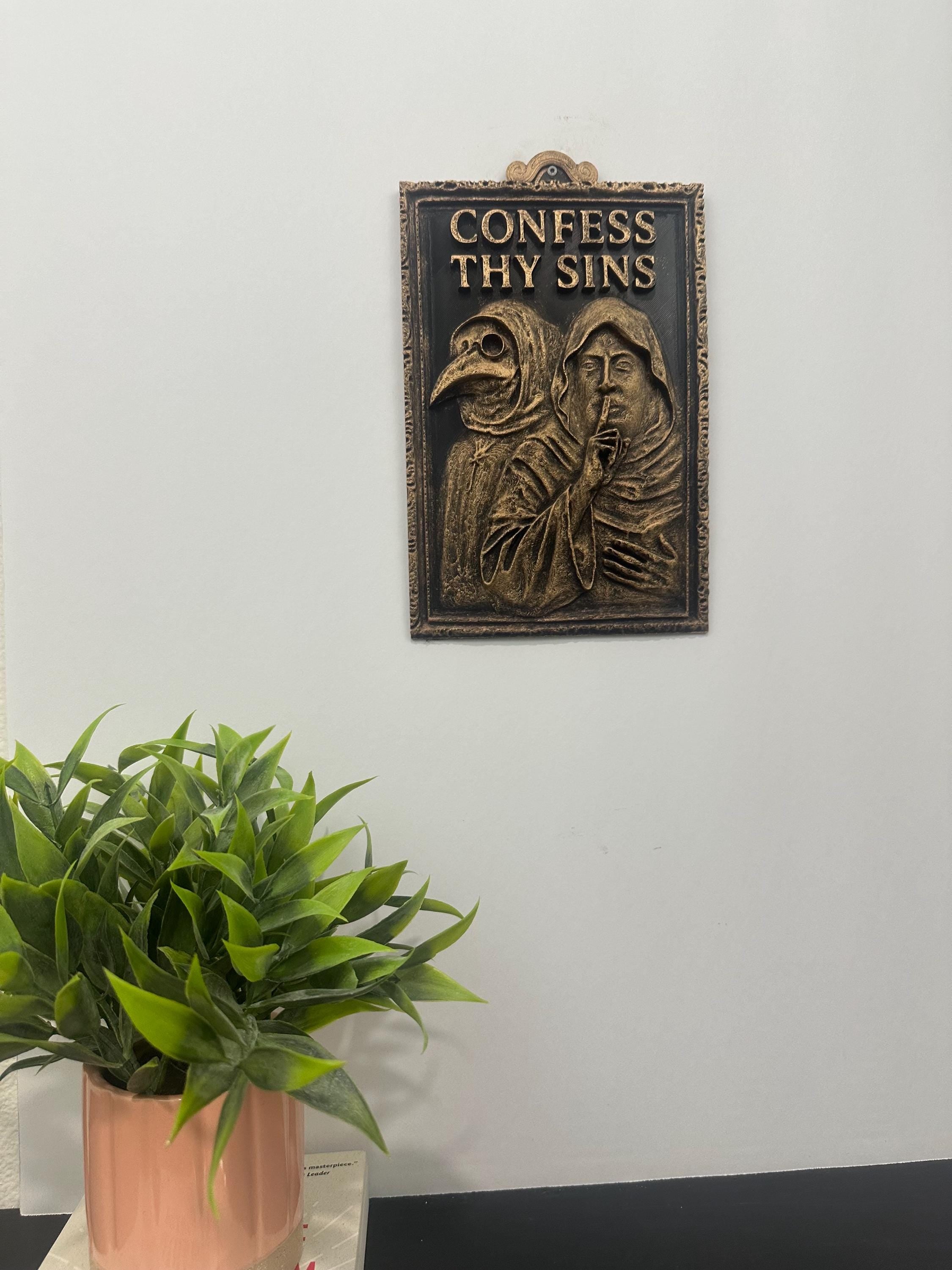Confess Thy Sins Gothic Wall Art - Medieval Monk & Plague Doctor Decor - Dark Humor Bathroom Wall Sculpture - Whimsigoth 10x6 Hand Painted