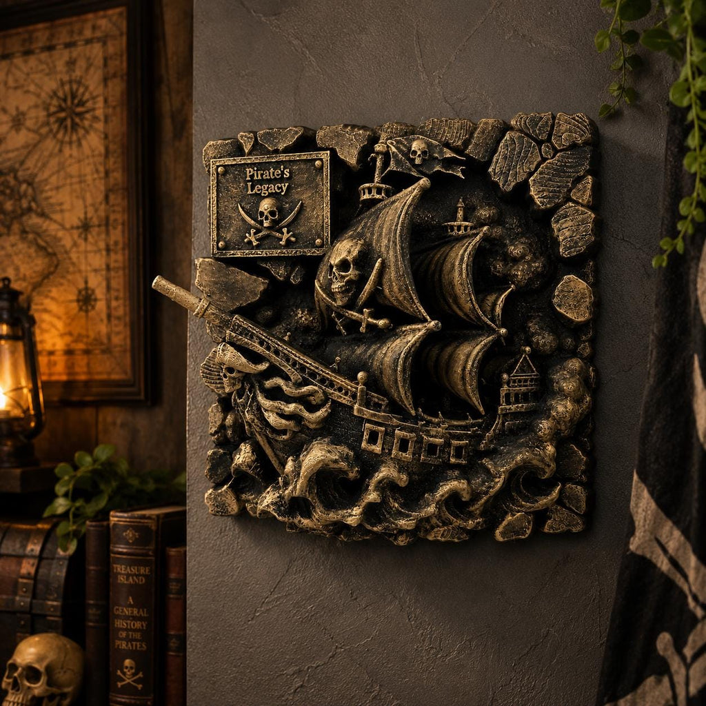 Pirate Ship Wall Decor, Ghost Ship Wall Art Sculpture, Nautical Skull Wall Plaque, Antique Gold Pirate Decor, Jolly Roger Wall Hanging Gif