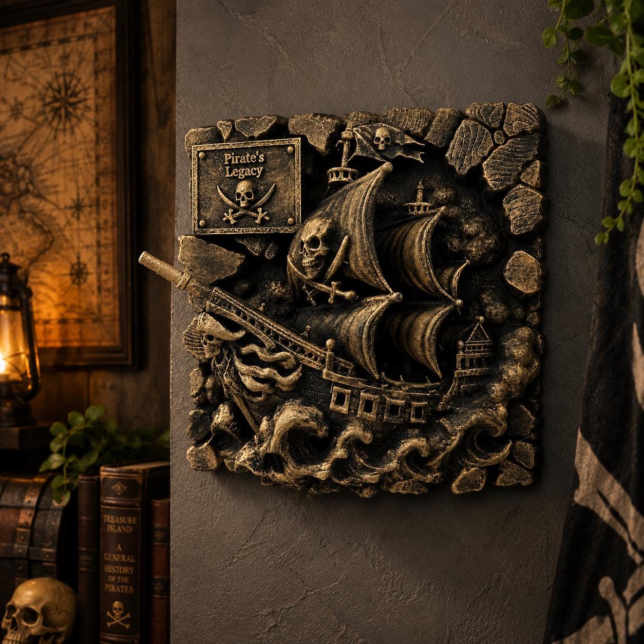 Pirate Ship Wall Decor, Ghost Ship Wall Art Sculpture, Nautical Skull Wall Plaque, Antique Gold Pirate Decor, Jolly Roger Wall Hanging Gif