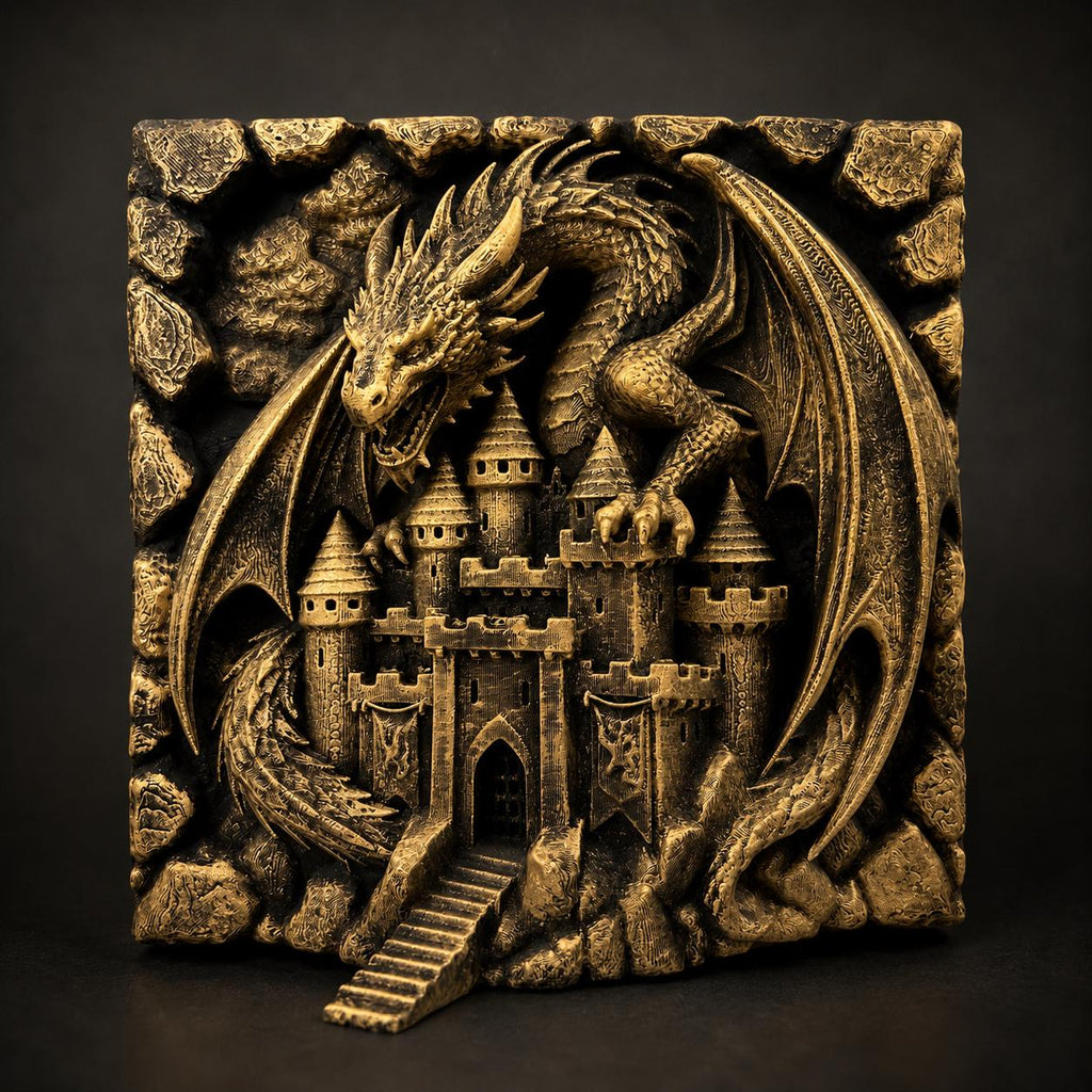 Dragon Castle Wall Sculpture - Medieval Fantasy 3D Relief Plaque - Dark Fantasy Home Decor - Guardian Dragon Wall Art - Castle Wall Hanging