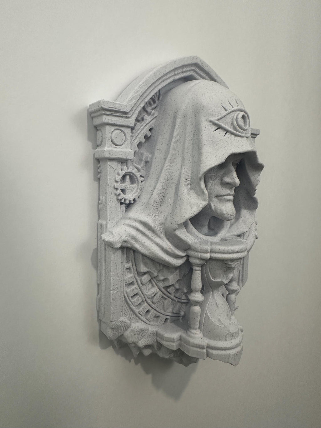 Ancient Watcher of Time Wall Sculpture - Gothic Guardian Relic - Hourglass Wall Art - Fantasy Temple Plaque Decor - Clockwork Art 9x6x2.5