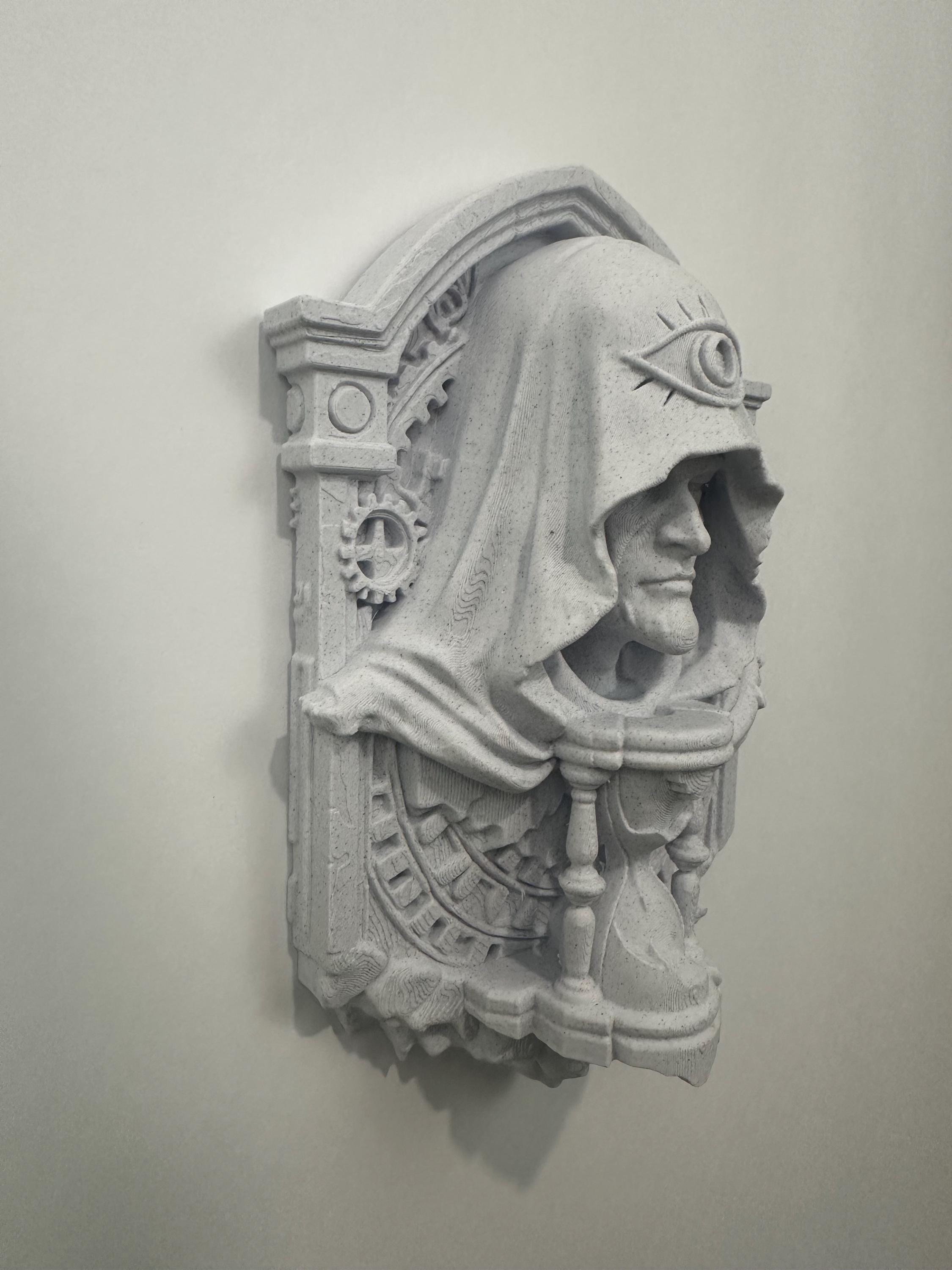Ancient Watcher of Time Wall Sculpture - Gothic Guardian Relic - Hourglass Wall Art - Fantasy Temple Plaque Decor - Clockwork Art 9x6x2.5