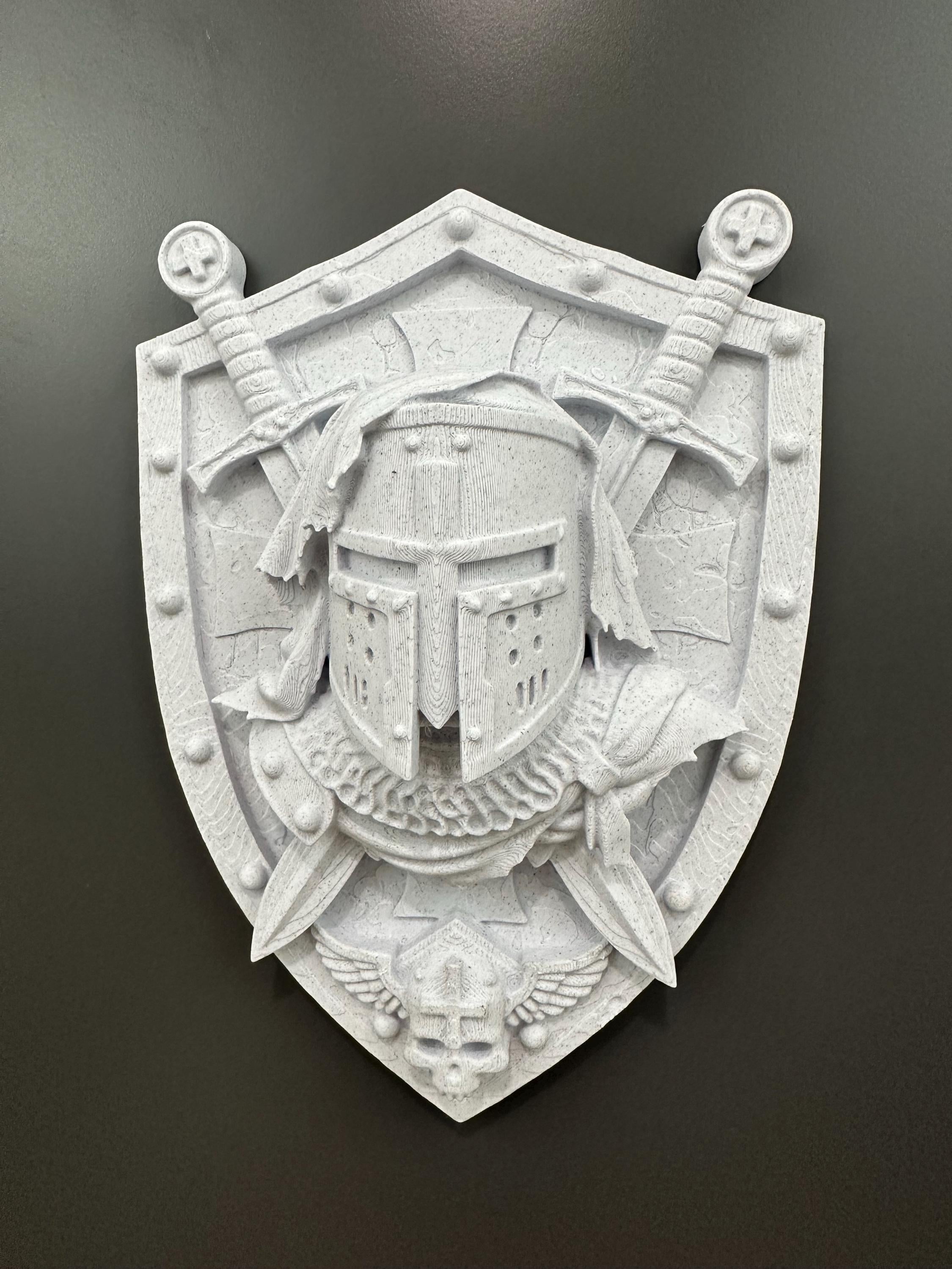 Medieval Crusader Templar Knight Shield Wall Decor - Armor Plaque - Warrior Shield Mounted Sculpture - Stone Stone 9x7x3”