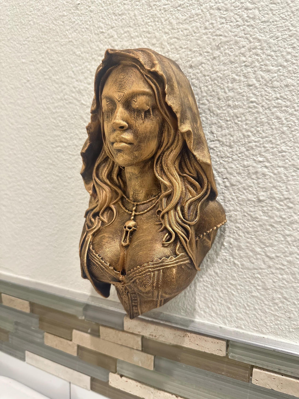 Gothic Hooded Woman with Eyes Sewn Shut Wall Sculpture