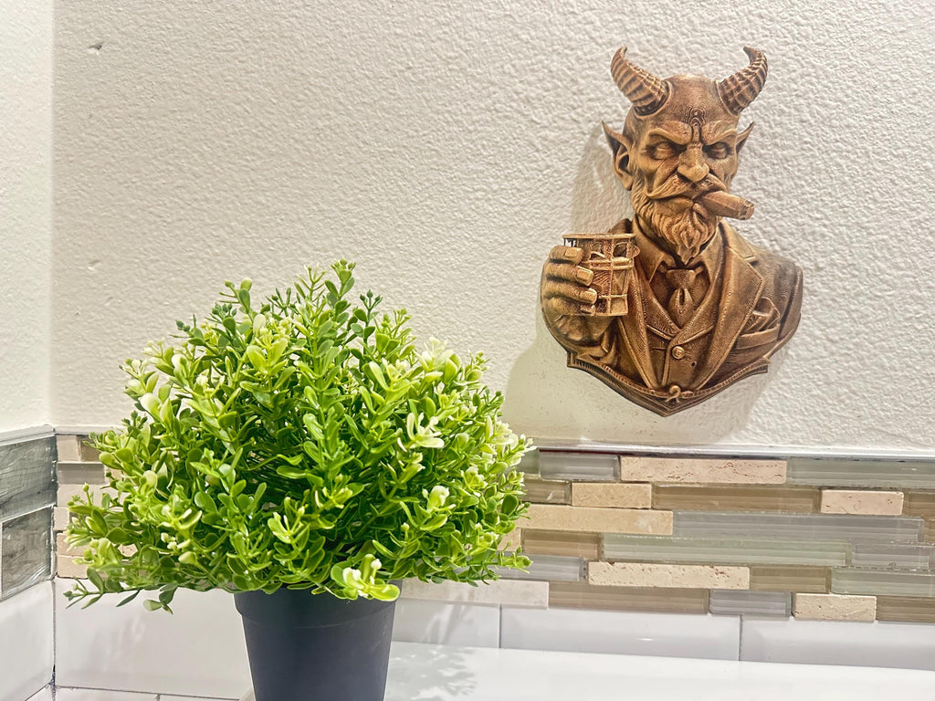 Devil Gentleman Wall Decor - Horned Demon Bust Wall Sculpture - Gothic Bar Man Cave Decor - Cigar & Whiskey Wall Art Hand Painted 9”