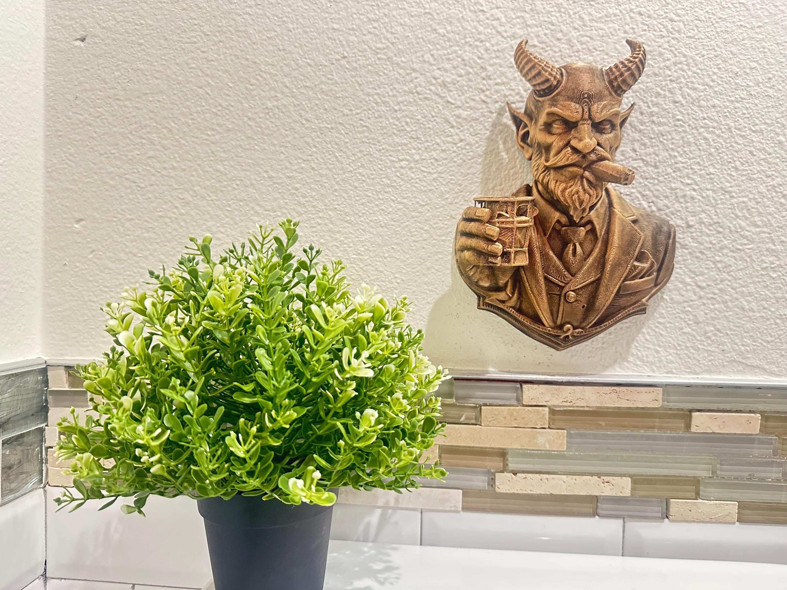 Devil Gentleman Wall Decor - Horned Demon Bust Wall Sculpture - Gothic Bar Man Cave Decor - Cigar & Whiskey Wall Art Hand Painted 9”