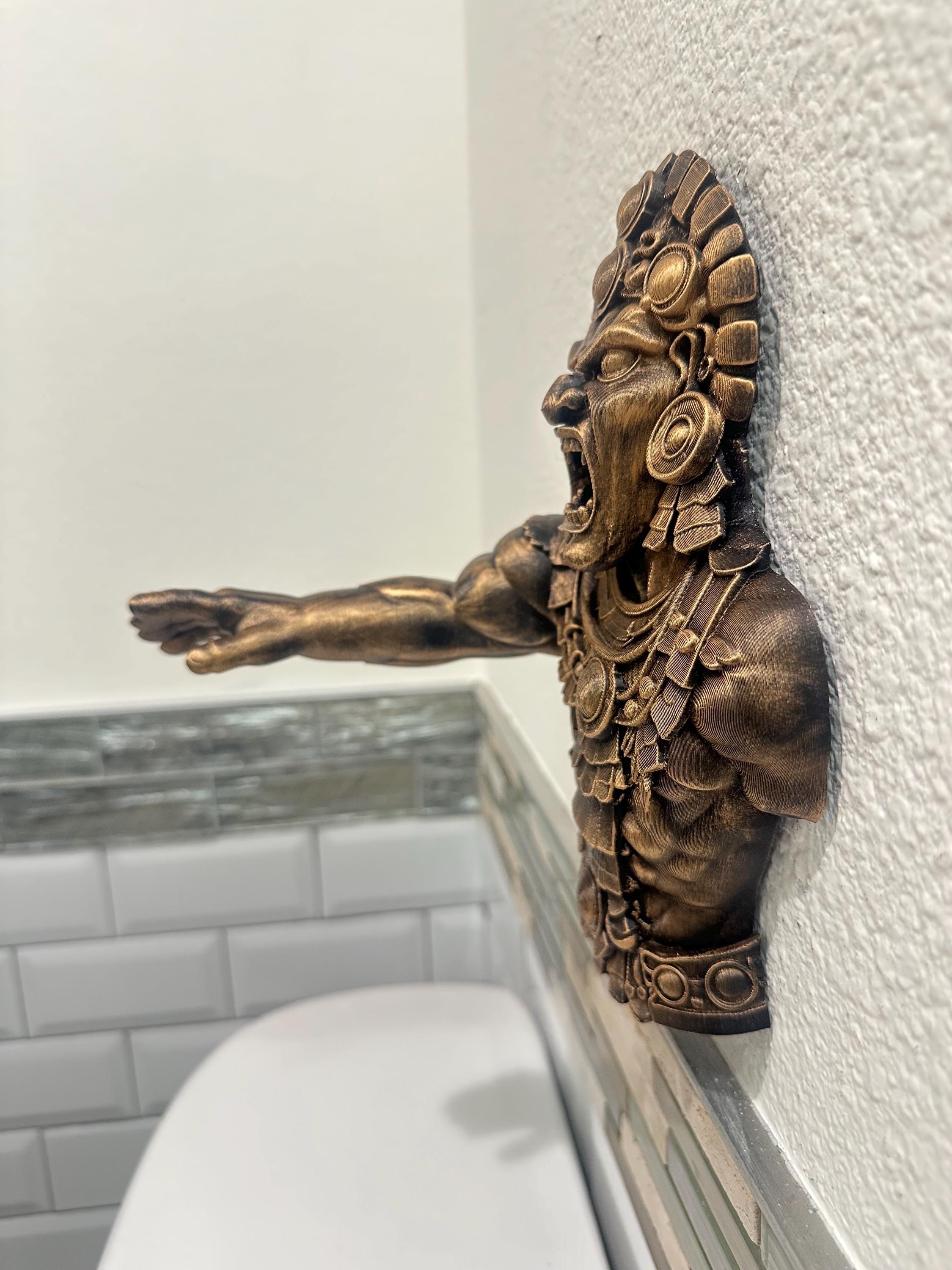 Aztec Warrior Hand Towel Holder - Mayan Tribal Wall Decor - Sculptural Bathroom Hand Towel Hook - Hand Painted Antique Gold Ancient Accent