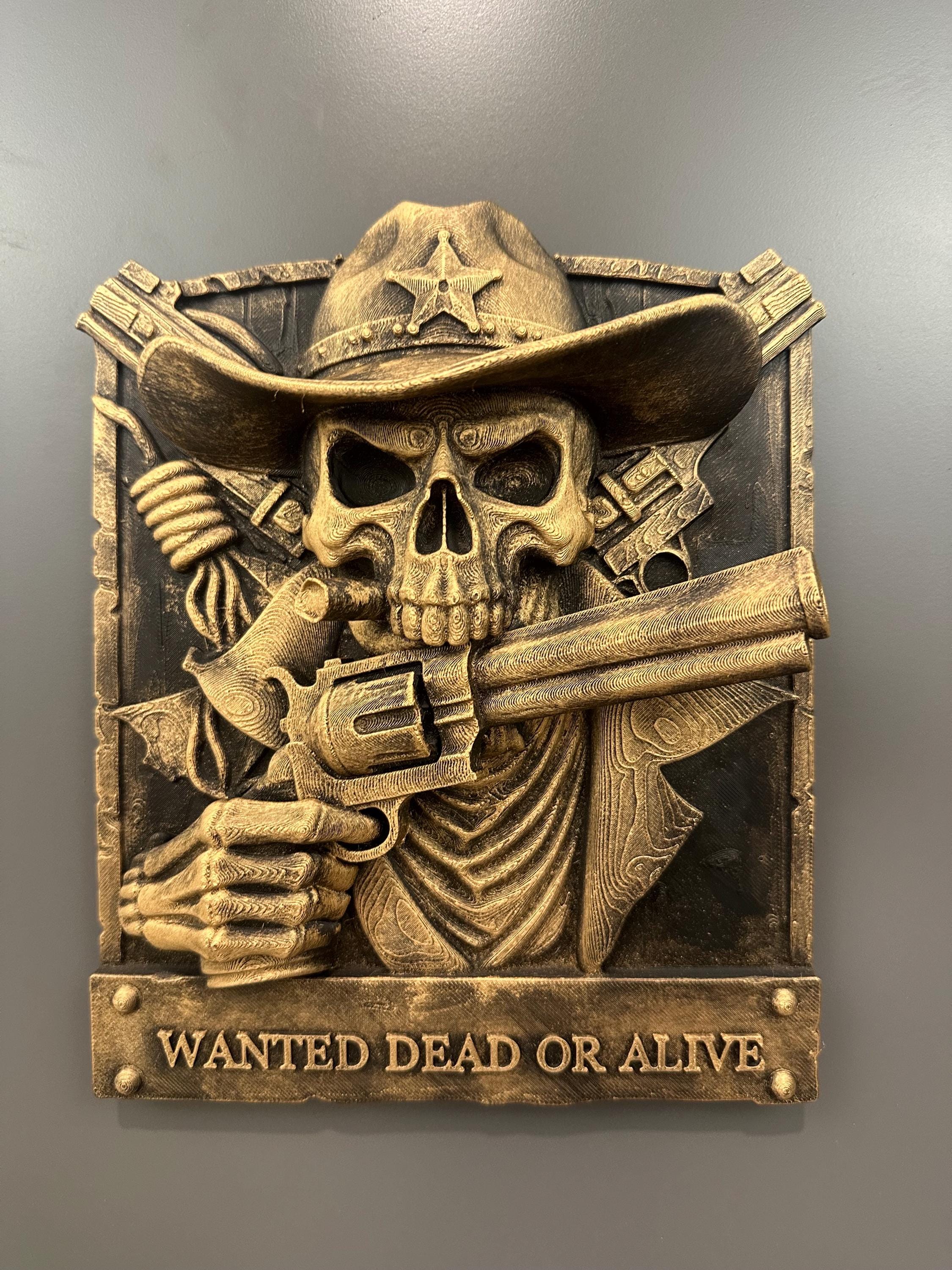 Cowboy Skull Wall Decor - Westerb Skeleton Plaque - Wanted Dead or Alive Sign - Gothic Ranch Decor - Man Cave Bar Art Hand Painted 9x7.5x2.5
