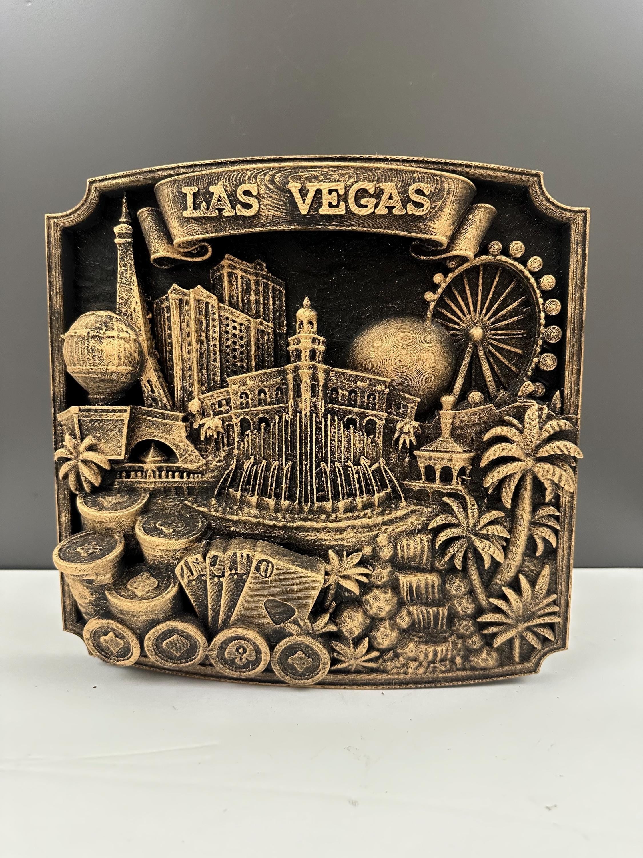 Las Vegas Wall Art Sculpture, Antique Gold Casino Decor, Poker Room Wall Plaque, Man Cave Bar Sign, Vegas Skyline Gift for Gamblers
