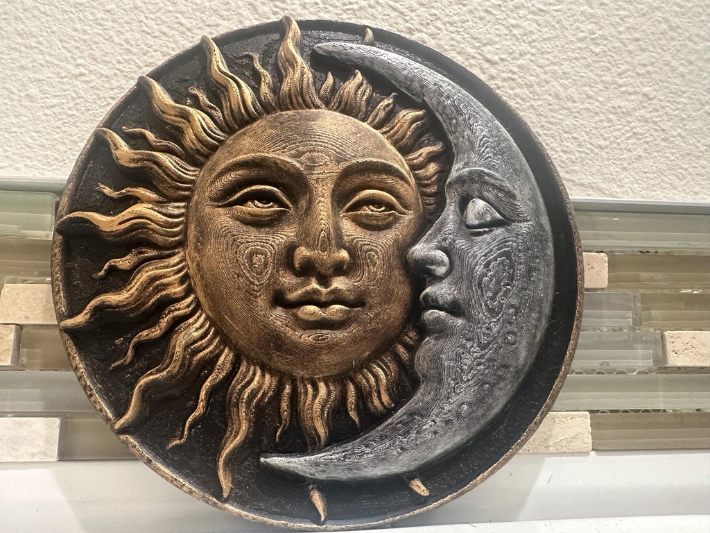 Hand Painted Sun and Moon 8” x 8” Zodiac Astrology Wall Plaque Art Sign 3d Relief Sculpture Home Decor Spiritual Celestial Boho Round