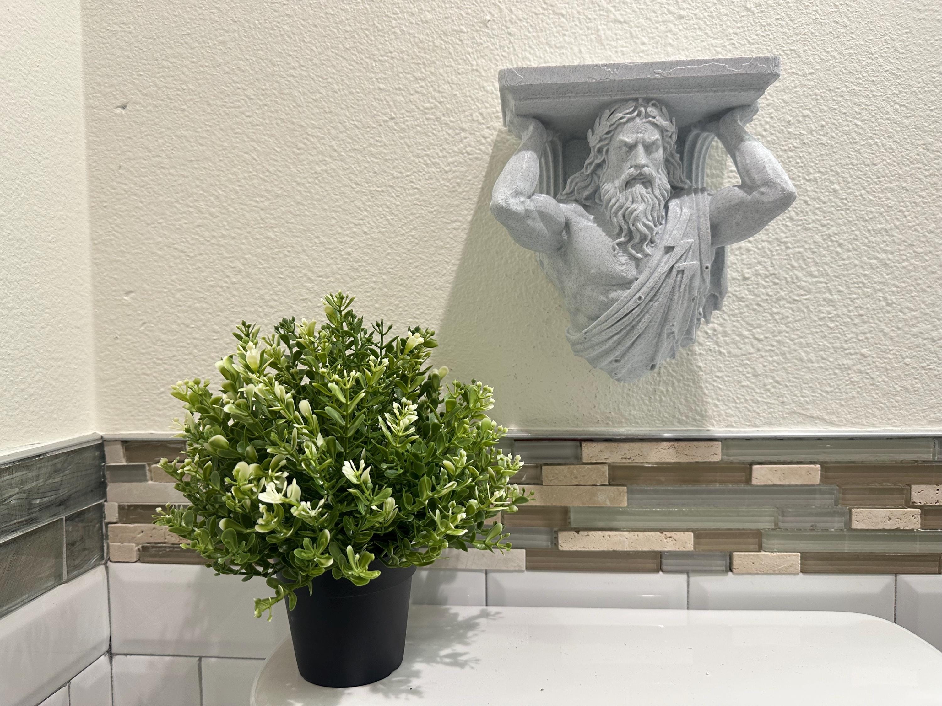 Zeus Wall Shelf - Greek Mythology Decor - God of Thunder Sculpture - Classical Wall Mount Shelf - Small Floating Shelf 8x7x4