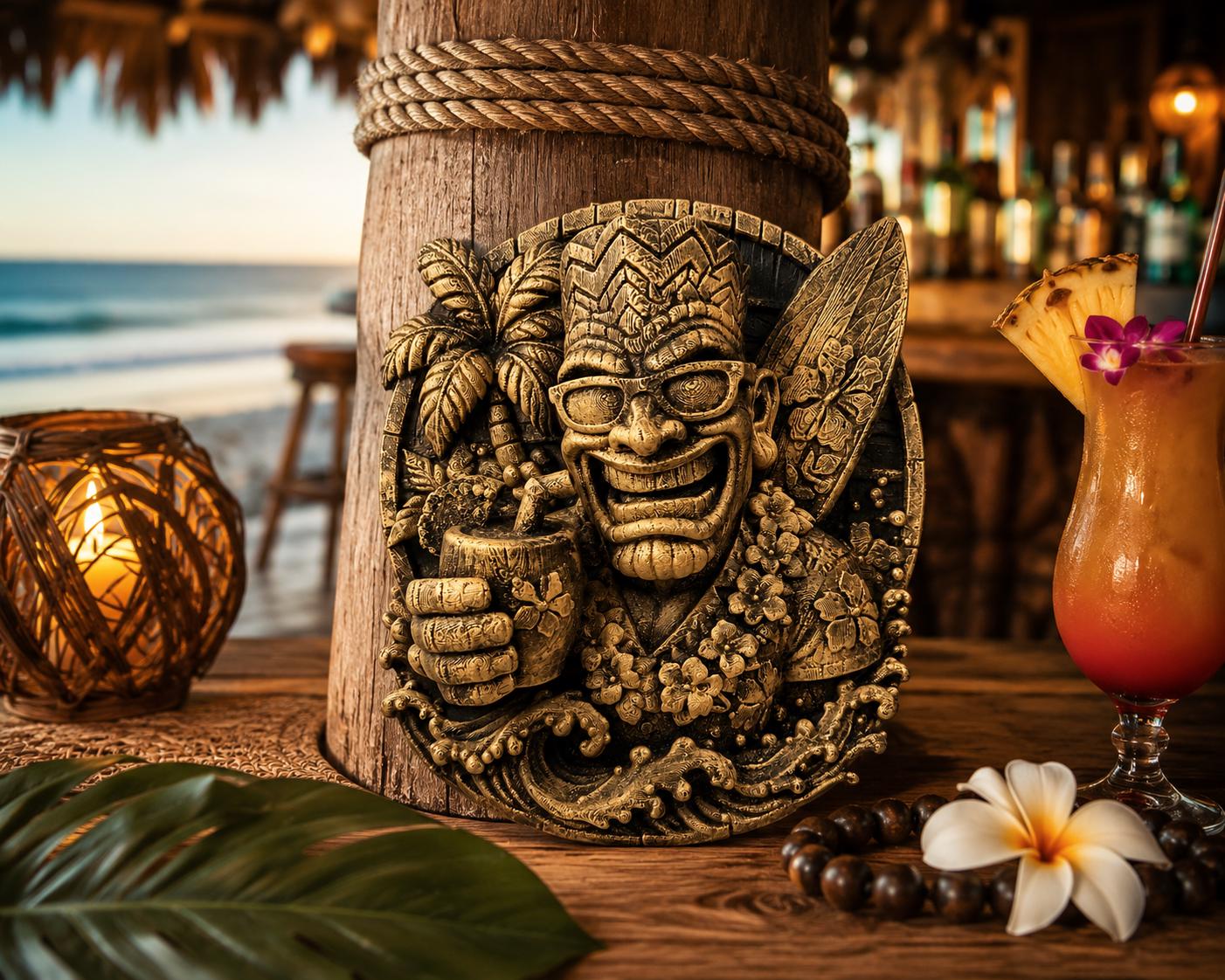 Tiki Bar Decor Wall Sculpture - Surfer Tiki Man with Cocktail - Hand Painted Beach Bar Wall Art - Luau Party Decor - Tropical Home Bar Gift
