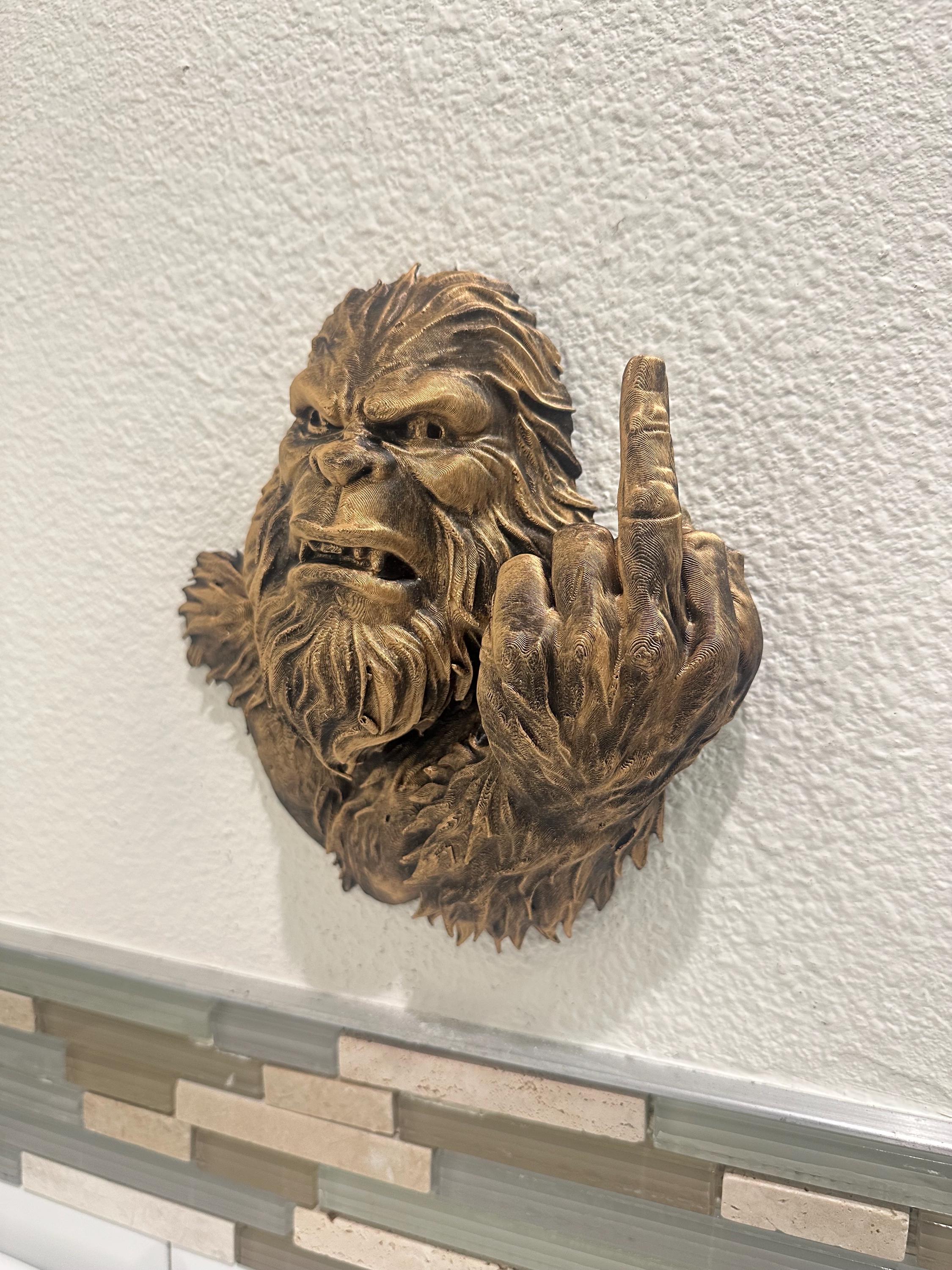Hand Painted Bigfoot Wall Mount - Rude Sasquatch Middle Finger - Funny Man Cave Wall Decor - Rustic Cryptid Fantasy Bar Home Decor 9x8”