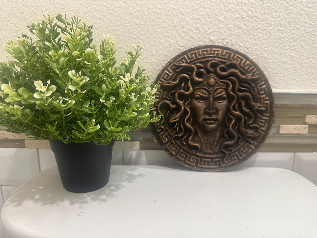 Medusa Head Of Snakes Wall Plaque 8” x 8” Greek Mythology Relief Sculpture Gothic Art Gorgon Round Home Decor Plaster