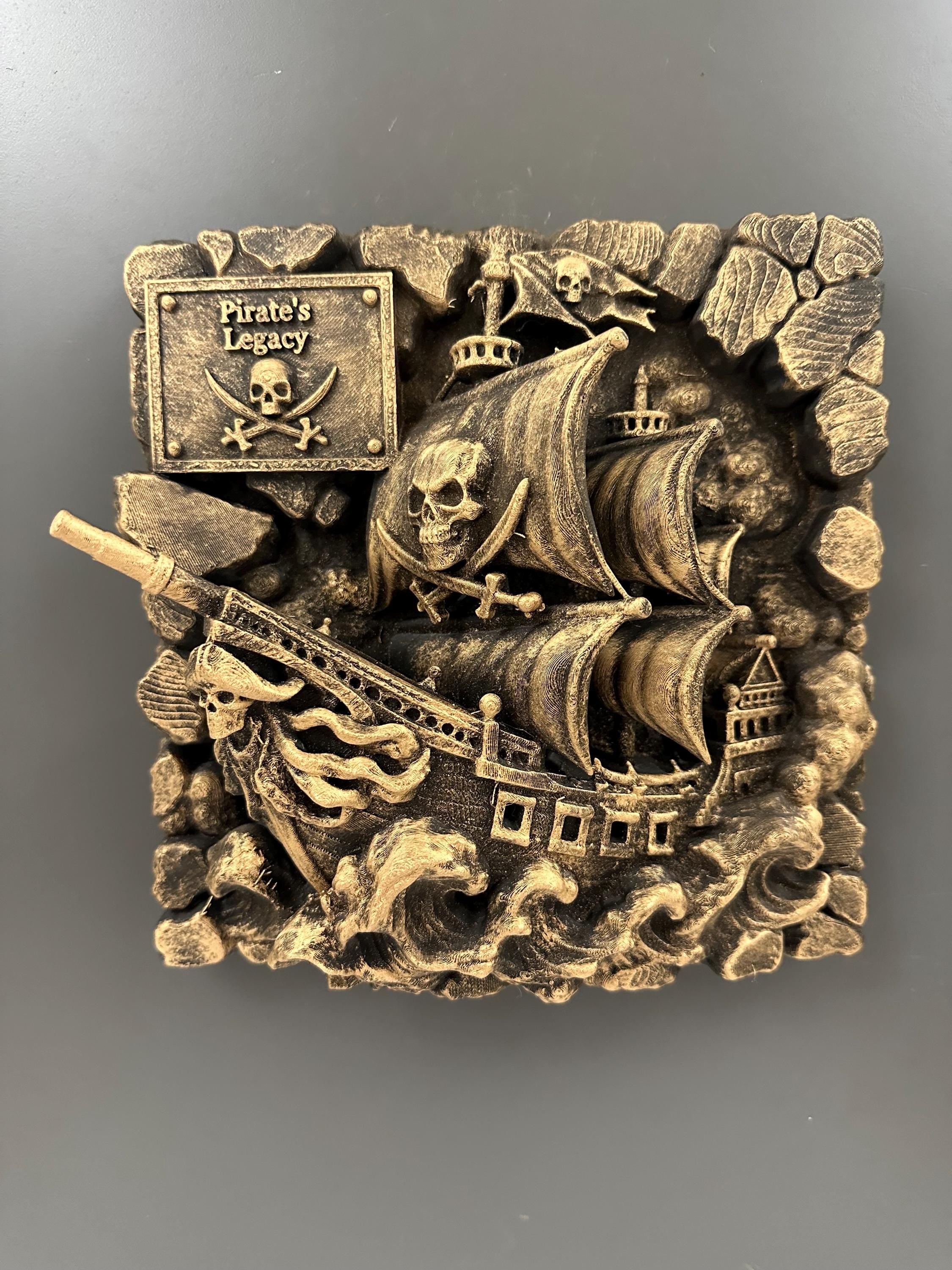 Pirate Ship Wall Decor, Ghost Ship Wall Art Sculpture, Nautical Skull Wall Plaque, Antique Gold Pirate Decor, Jolly Roger Wall Hanging Gif