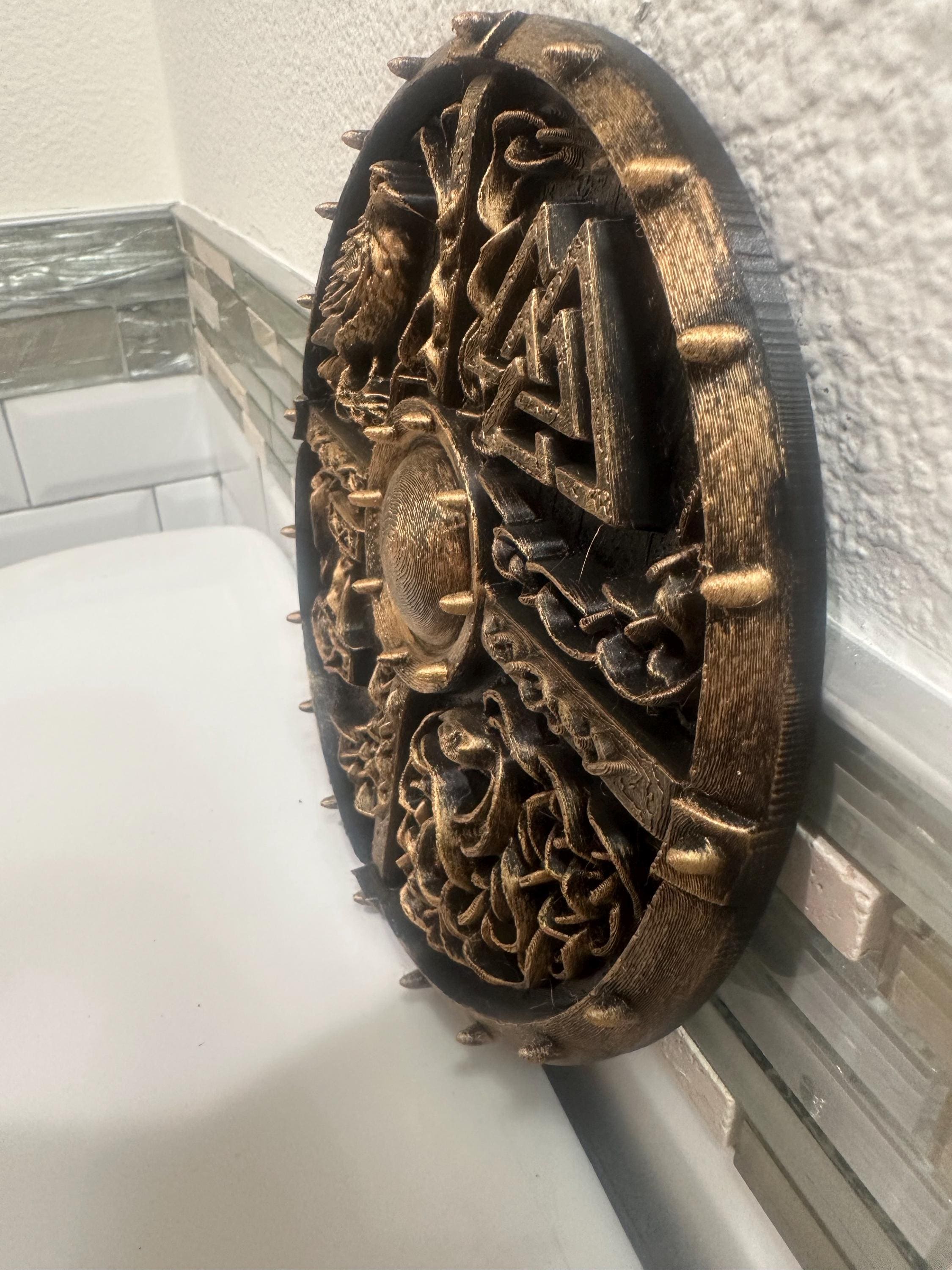 8” Viking Shield Wall Art Plaque — Norse Mythology Symbols, Antique Bronze 3D Printed Decor, Odin, Valknut, Thor Hammer