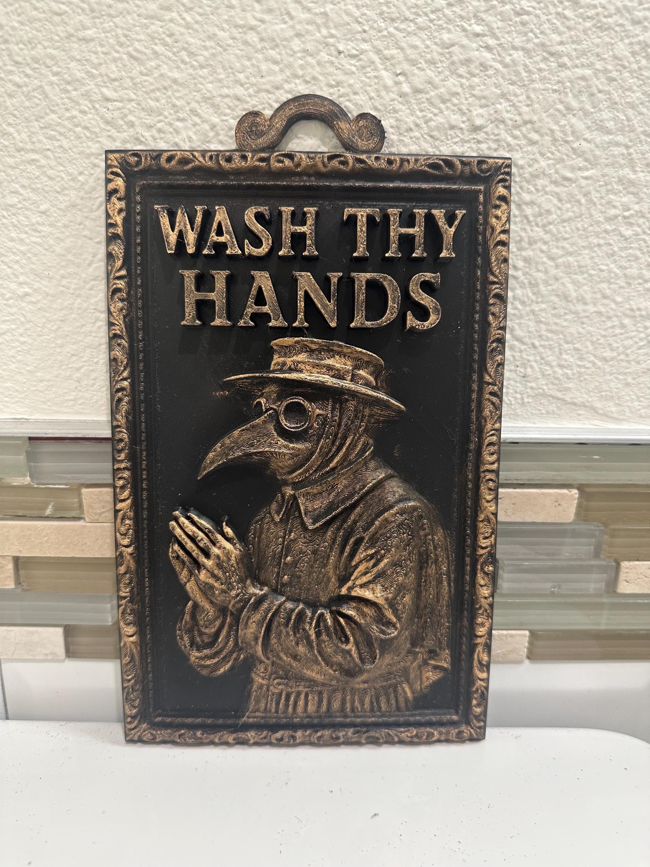 Hand Painted Plague Doctor 9” x 6” Wash Thy Hands Bathroom Decor Wall Art Sign Sculpture 3d Vintage Antique Gift Plaque Funny Rustic Relief
