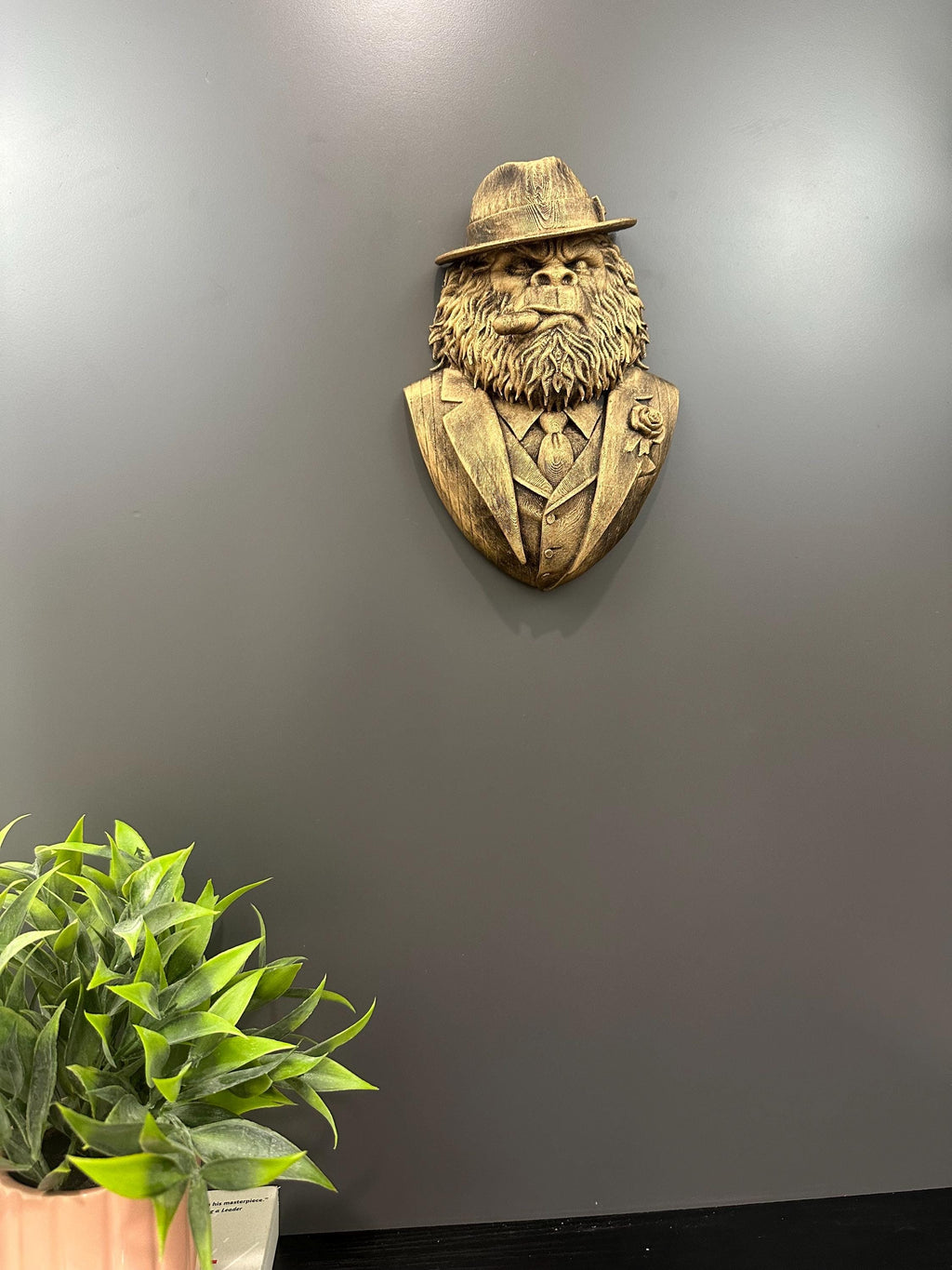 Mob Boss Sasquatch Wall Mount Bust - Bigfoot Mafia Decor - Gangster Gorilla Trophy Plaque - Man Cave Bar Wall Art Gift - Hand Painted 9”