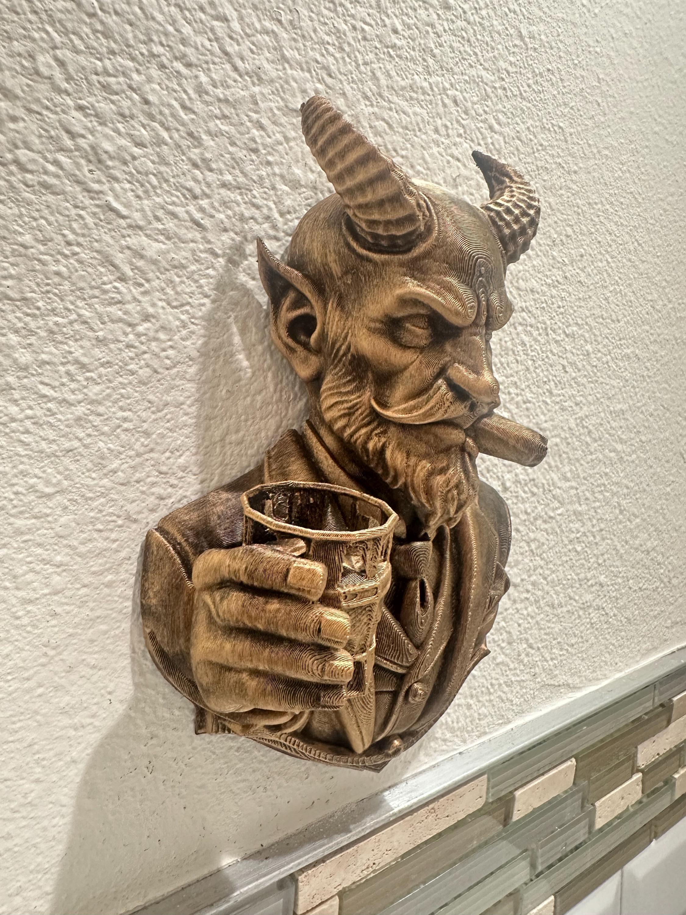 Devil Gentleman Wall Decor - Horned Demon Bust Wall Sculpture - Gothic Bar Man Cave Decor - Cigar & Whiskey Wall Art Hand Painted 9”