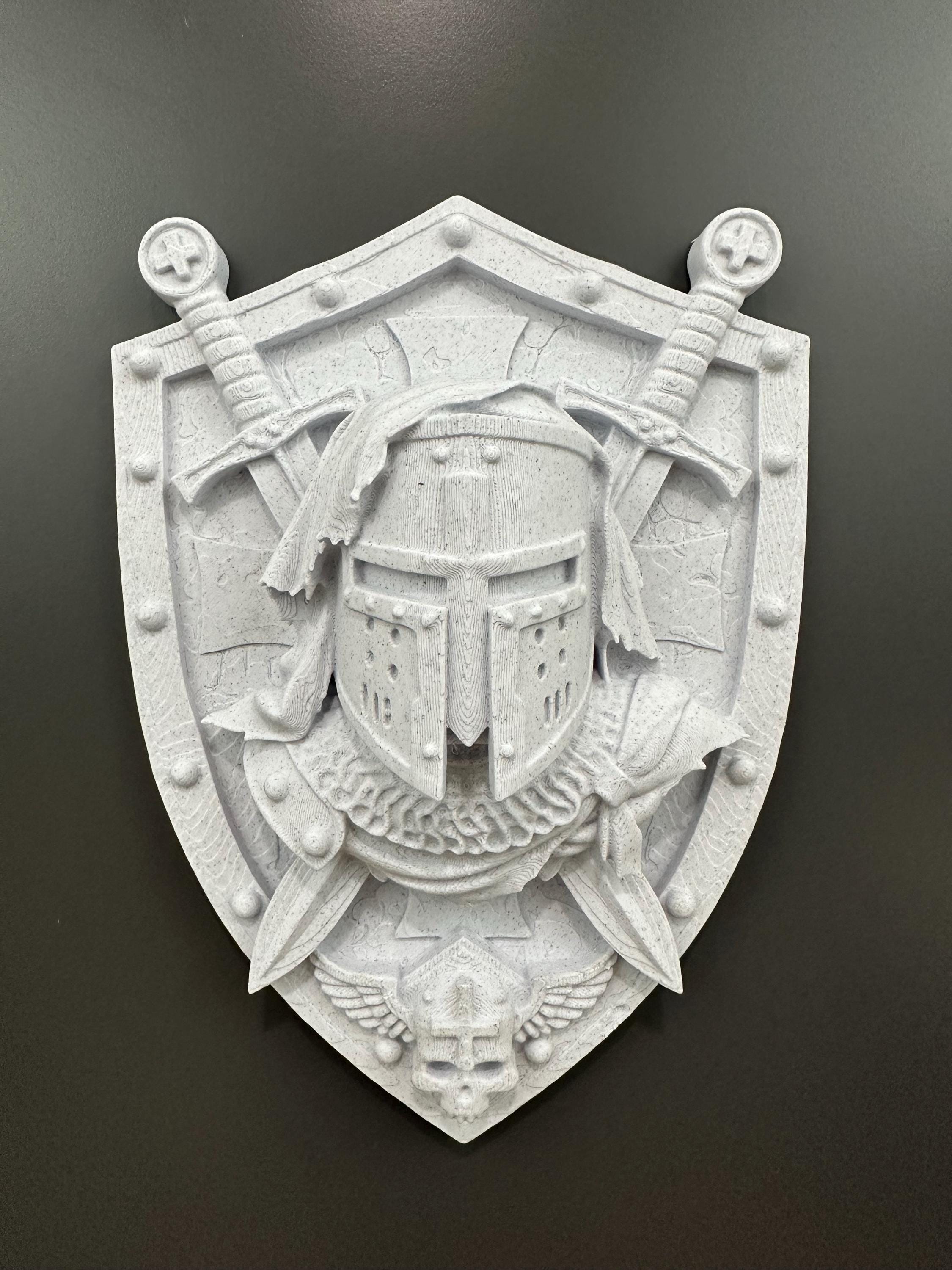 Medieval Crusader Templar Knight Shield Wall Decor - Armor Plaque - Warrior Shield Mounted Sculpture - Stone Stone 9x7x3”