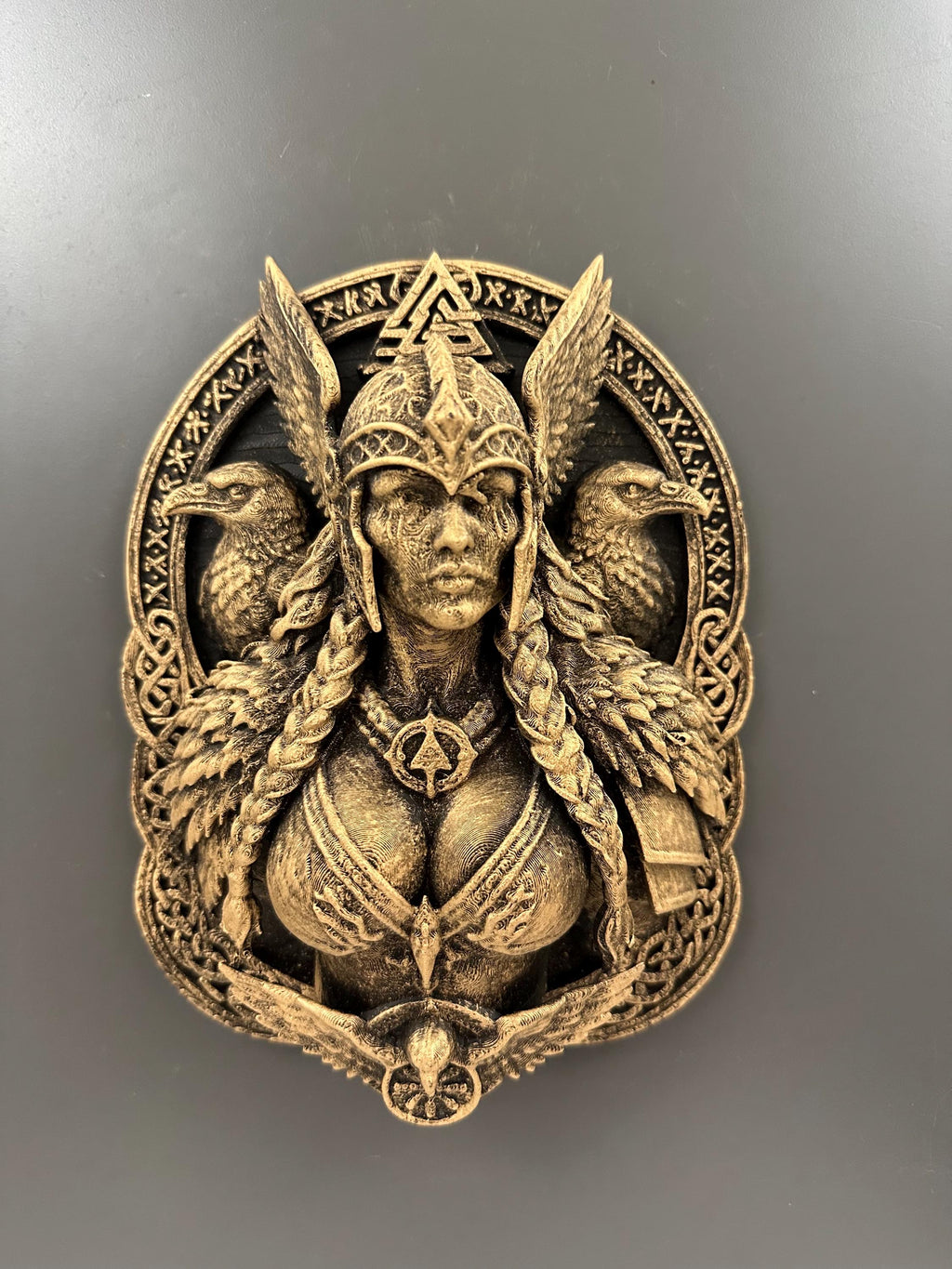 Valkyrie Wall Sculpture - Norse Goddess Freya Plaque - Viking Raven Wall Art - Antique Bronze Pagan Decor - Valknut Odin Mythology Gift