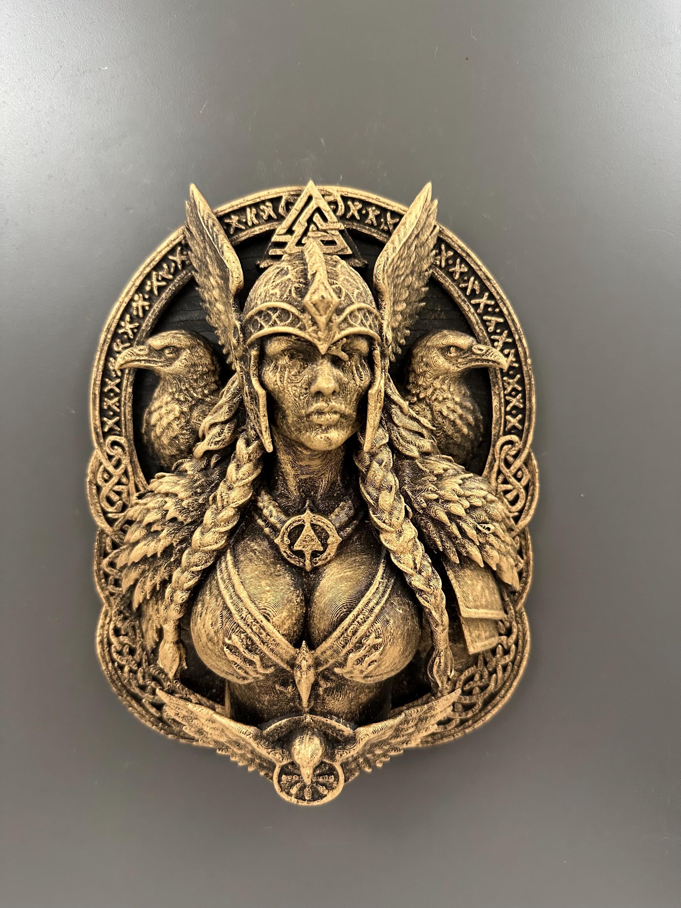 Valkyrie Wall Sculpture - Norse Goddess Freya Plaque - Viking Raven Wall Art - Antique Bronze Pagan Decor - Valknut Odin Mythology Gift