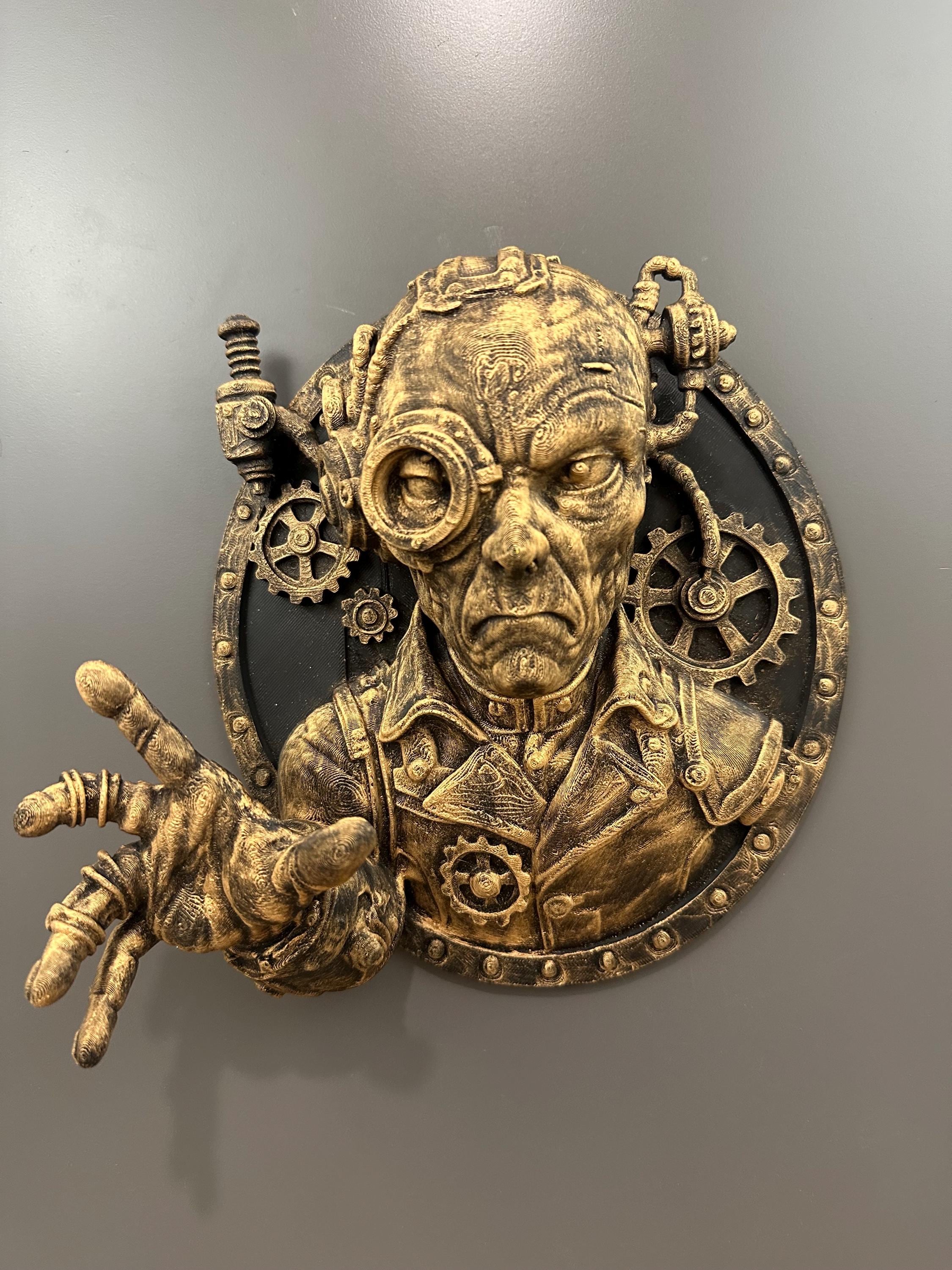 Steampunk Alien Wall Sculpture - Mechanical Sci Fi Wall Decor - Industrial Extraterrestrial Plaque - Hand Painted UFO Mount 9x9x4