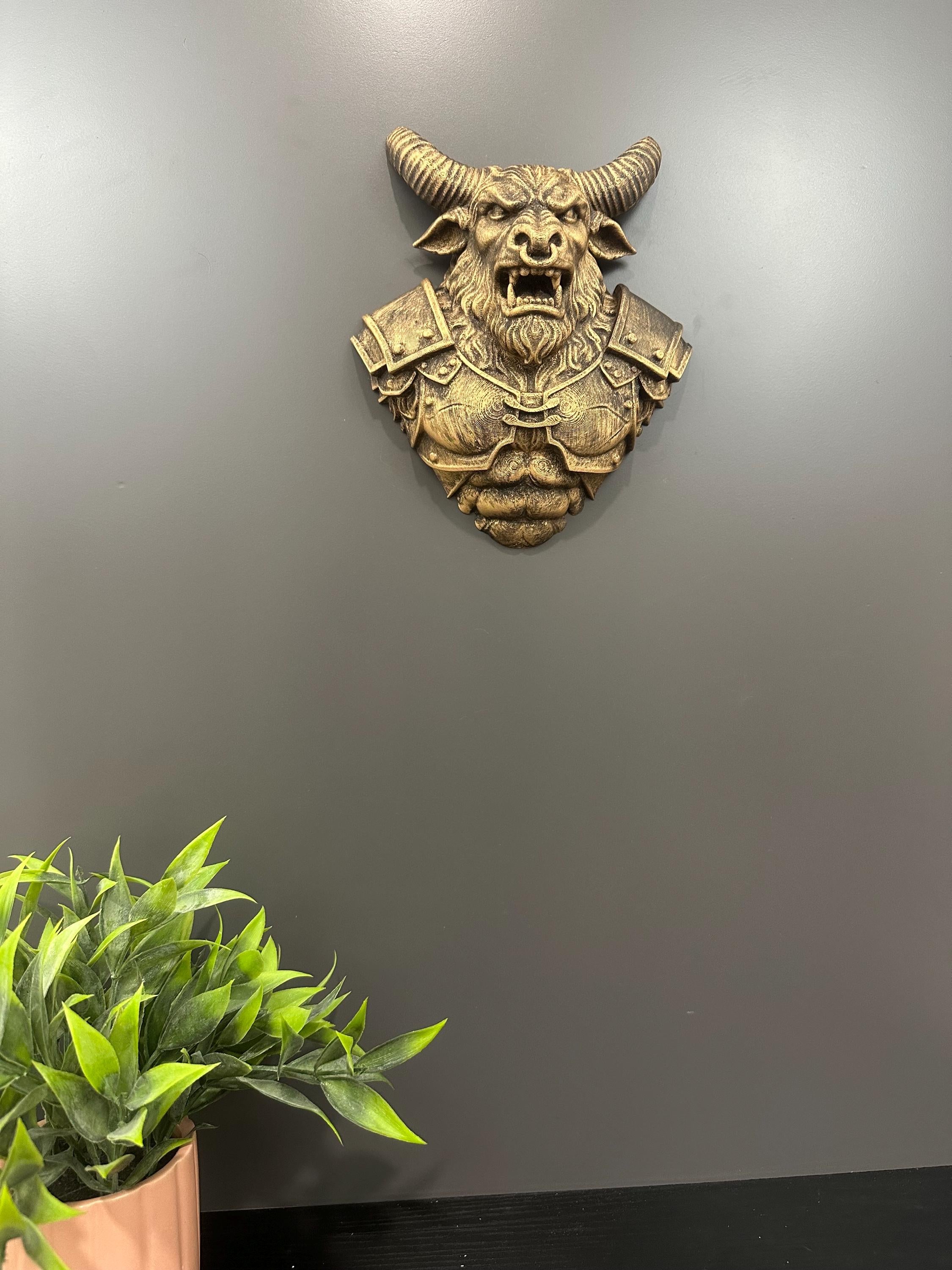 Minotaur Wall Mount - Mythical Bull Warrior Decor - Gladiator Beast Bust - Gamer Room Wall Art - Fantasy Game Room Sculpture - RPG Boss 9”