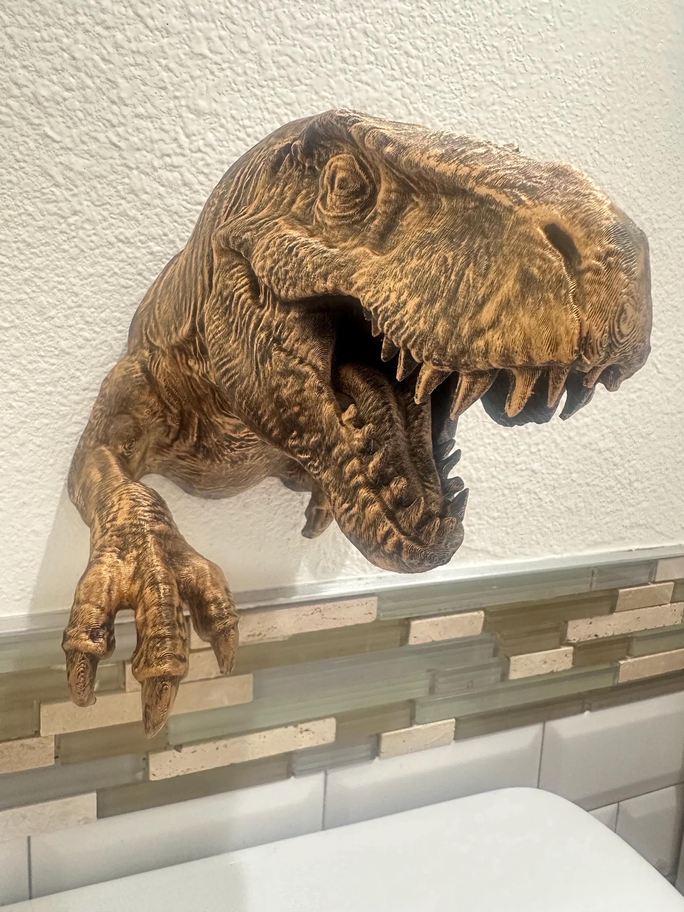 T-Rex Dinosaur Jurassic 8x6x6 3d Hanging Wall Mounted Sculpture Home Decor - Head and Claw - Hand Painted Antique Gold