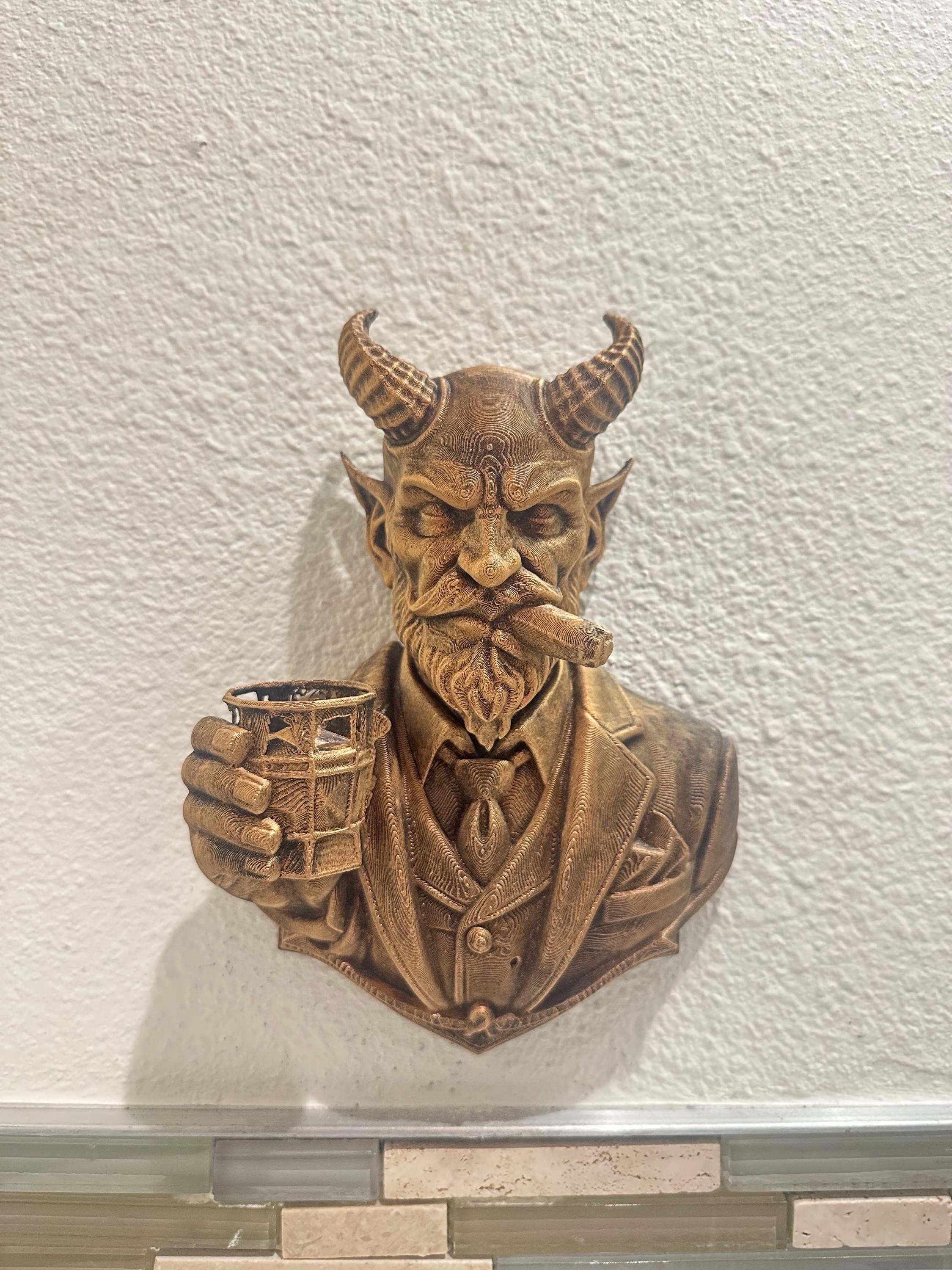 Devil Gentleman Wall Decor - Horned Demon Bust Wall Sculpture - Gothic Bar Man Cave Decor - Cigar & Whiskey Wall Art Hand Painted 9”