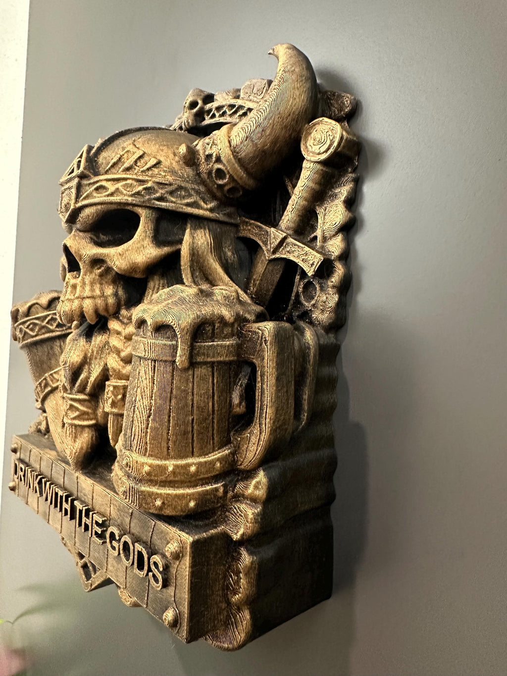 Viking Skull Wall Decor - Drink With the Gods Plaque - Norse Bar Wall Art - Gothic Man Cave Decor - Rustic Mead Hall Sign Hand Painted 9”