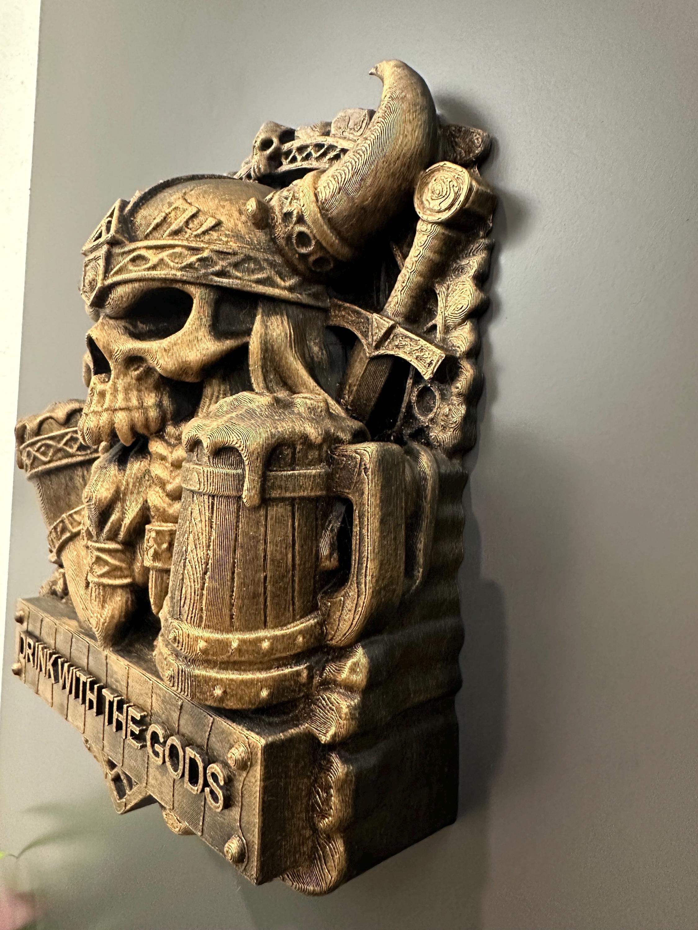 Viking Skull Wall Decor - Drink With the Gods Plaque - Norse Bar Wall Art - Gothic Man Cave Decor - Rustic Mead Hall Sign Hand Painted 9”