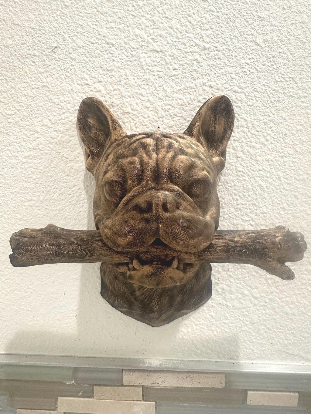 French Bulldog Wall Sculpture - Dog Wall Art - Playful Frenchie With Stick - Modern Bulldog Wall Decor - Hand Painted 9x9x4
