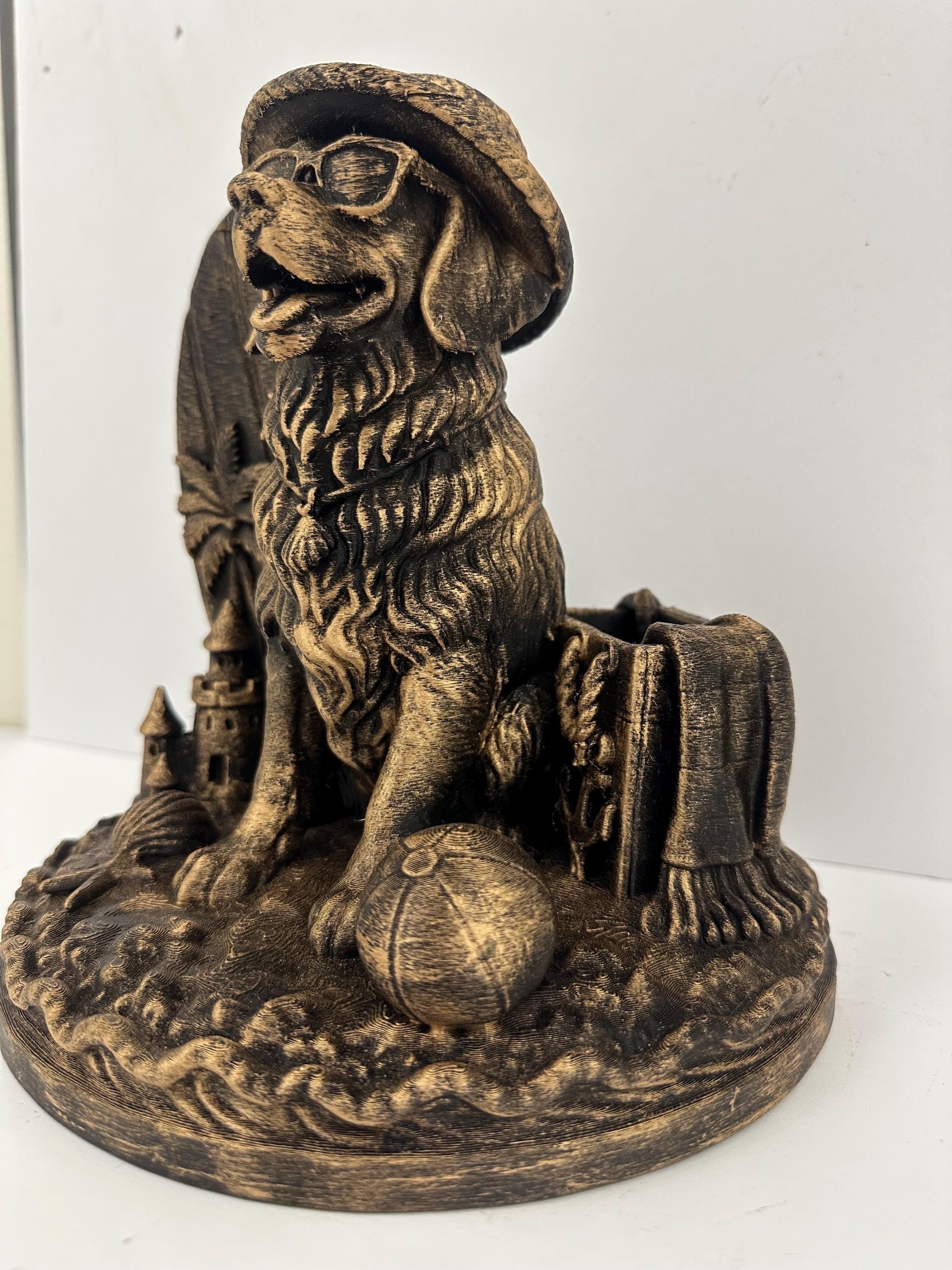 Beach Dog Statue with Surfboard - Coastal Golden Retriever Sculpture - Antique Bronze Finish - Beach House Decor - Dog Lover Gift - Surfer