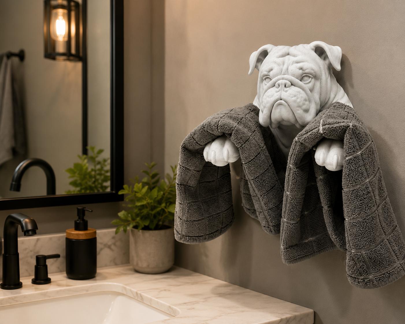 English Bulldog Hand Towel Holder Wall Mount - Dog Bathroom Decor - White Bulldog Wall Sculpture - Towel Rack - Bulldog Lover Gift