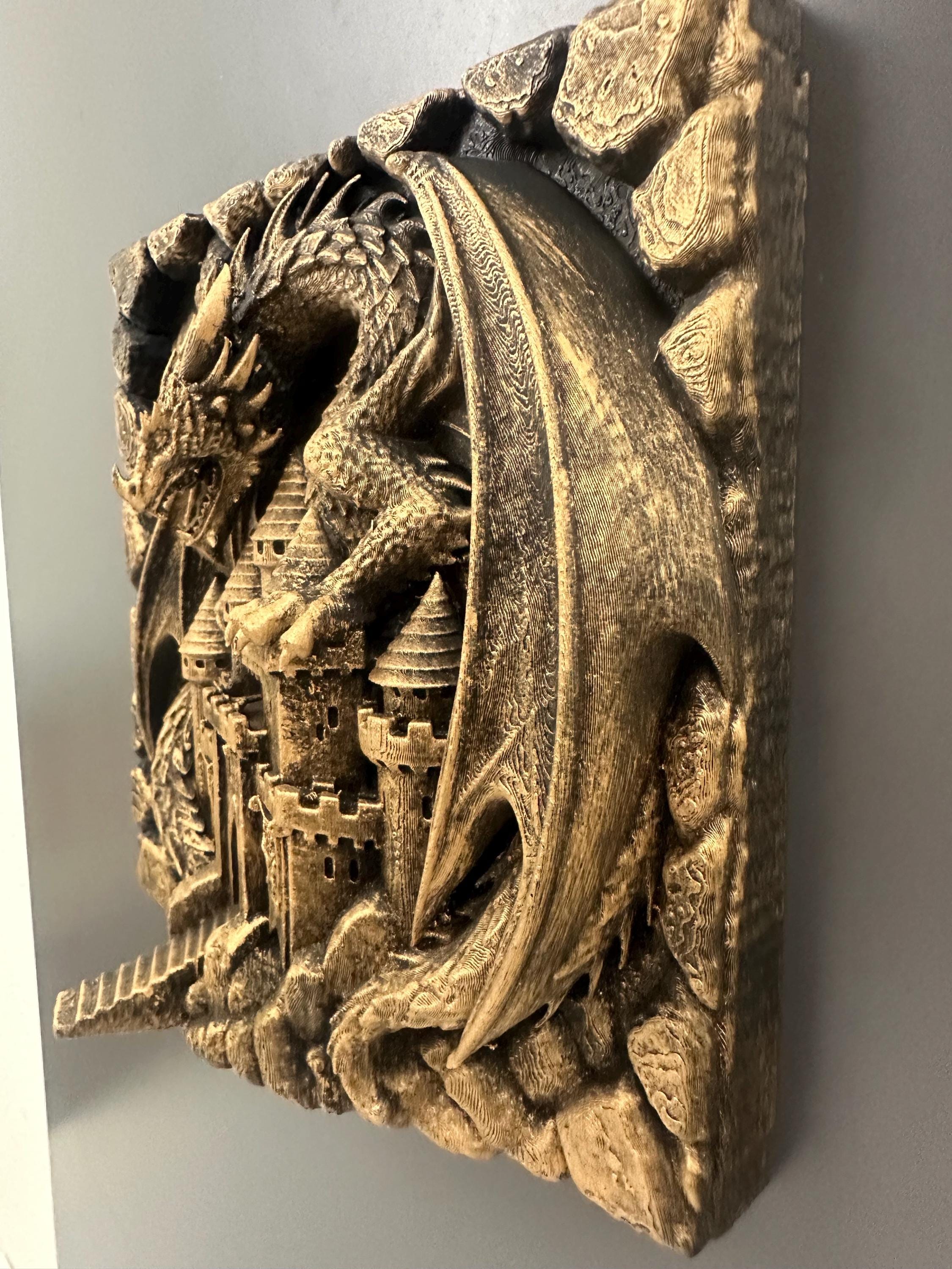 Dragon Castle Wall Sculpture - Medieval Fantasy 3D Relief Plaque - Dark Fantasy Home Decor - Guardian Dragon Wall Art - Castle Wall Hanging