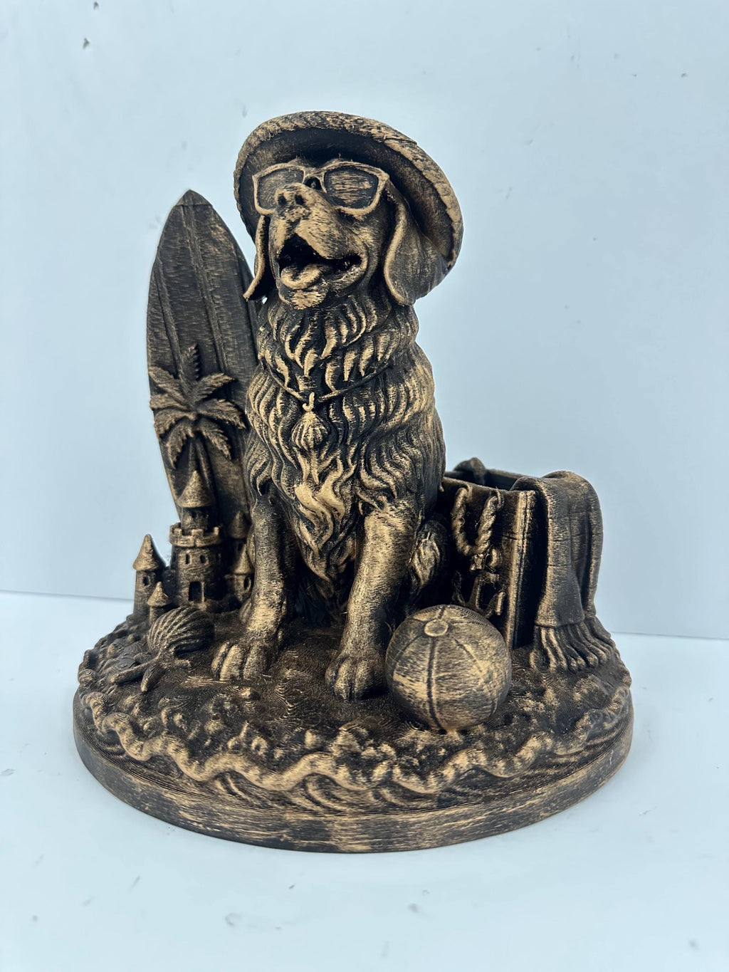 Beach Dog Statue with Surfboard - Coastal Golden Retriever Sculpture - Antique Bronze Finish - Beach House Decor - Dog Lover Gift - Surfer