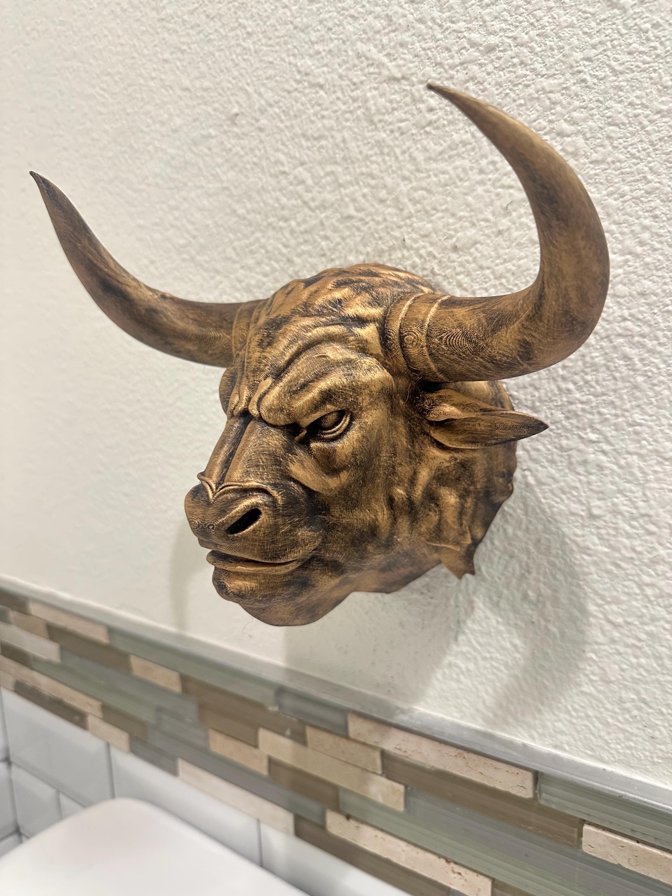 Minotaur Bull Head Wall Mount - Mythical Beast - Hand Painted Antique Gold - Fantasy Wall Art - Man Cave Home Decor 9x8x5