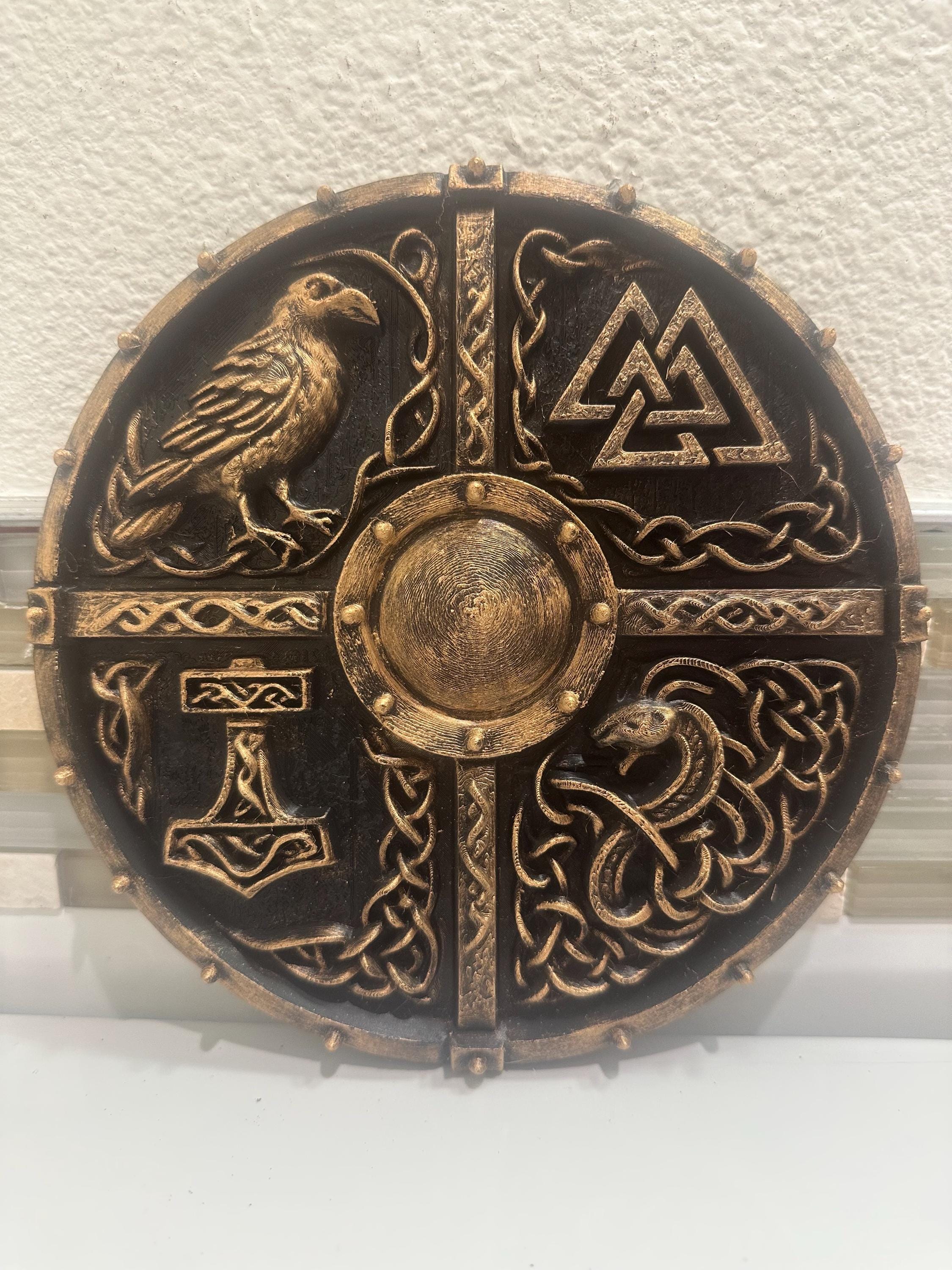 8” Viking Shield Wall Art Plaque — Norse Mythology Symbols, Antique Bronze 3D Printed Decor, Odin, Valknut, Thor Hammer