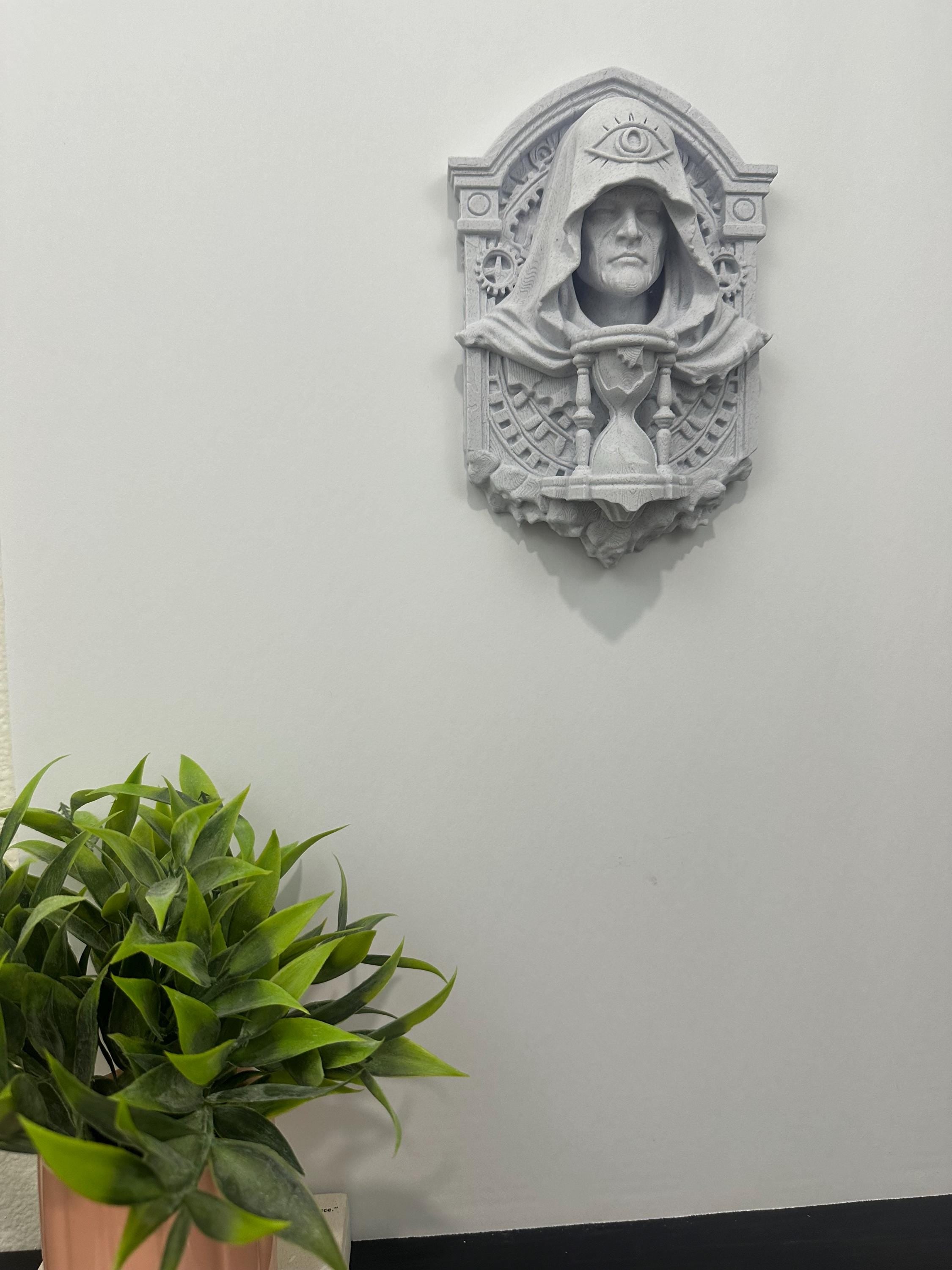 Ancient Watcher of Time Wall Sculpture - Gothic Guardian Relic - Hourglass Wall Art - Fantasy Temple Plaque Decor - Clockwork Art 9x6x2.5