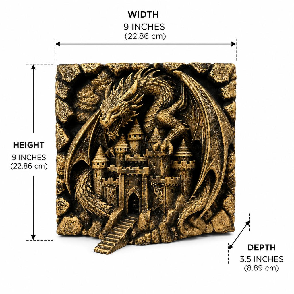 Dragon Castle Wall Sculpture - Medieval Fantasy 3D Relief Plaque - Dark Fantasy Home Decor - Guardian Dragon Wall Art - Castle Wall Hanging