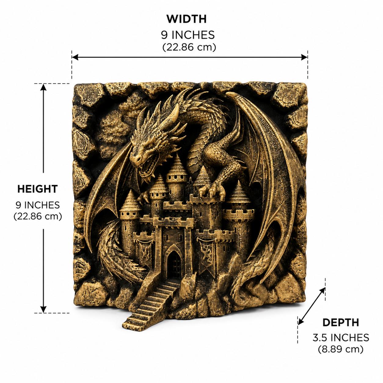 Dragon Castle Wall Sculpture - Medieval Fantasy 3D Relief Plaque - Dark Fantasy Home Decor - Guardian Dragon Wall Art - Castle Wall Hanging