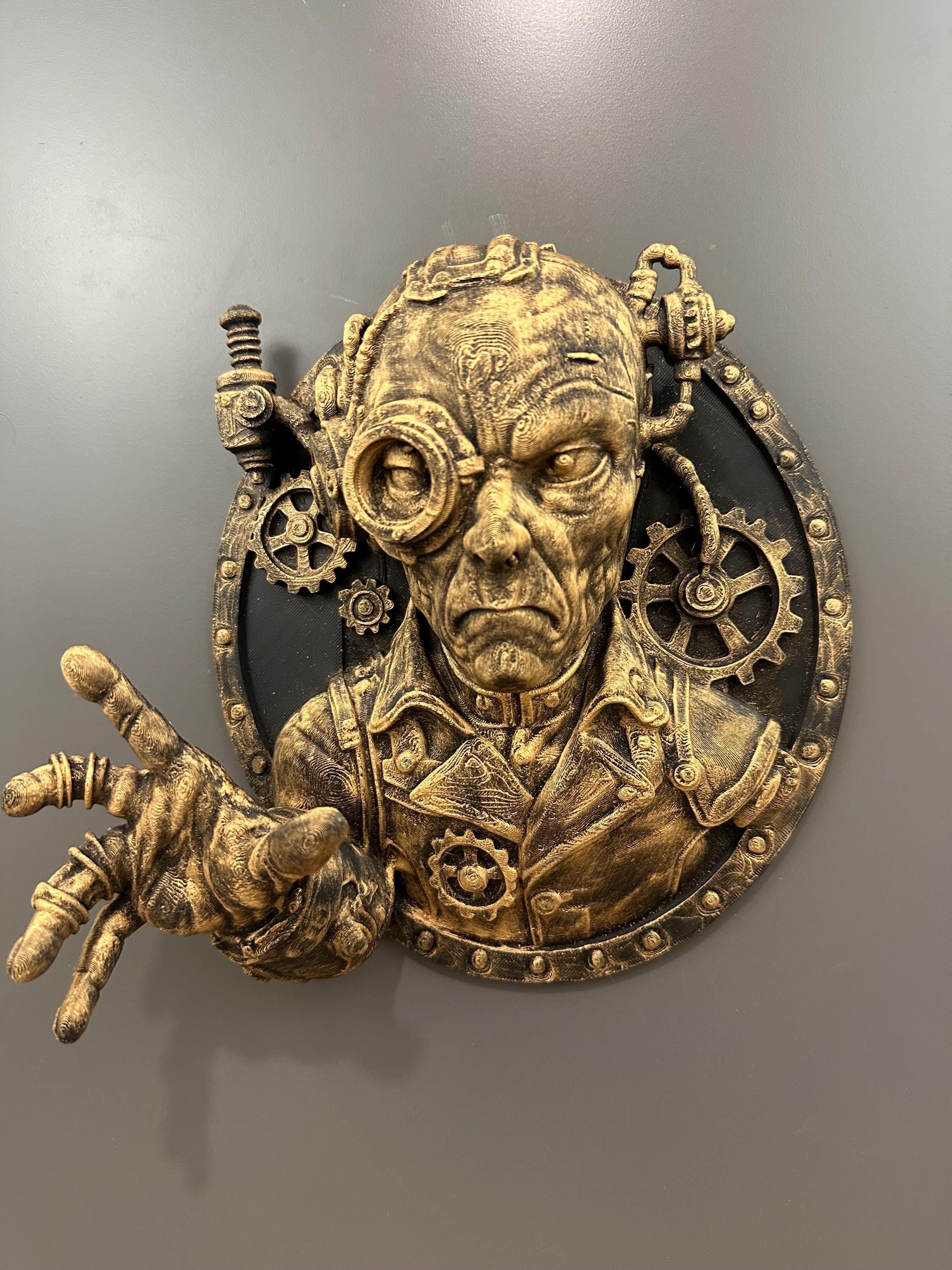 Steampunk Alien Wall Sculpture - Mechanical Sci Fi Wall Decor - Industrial Extraterrestrial Plaque - Hand Painted UFO Mount 9x9x4